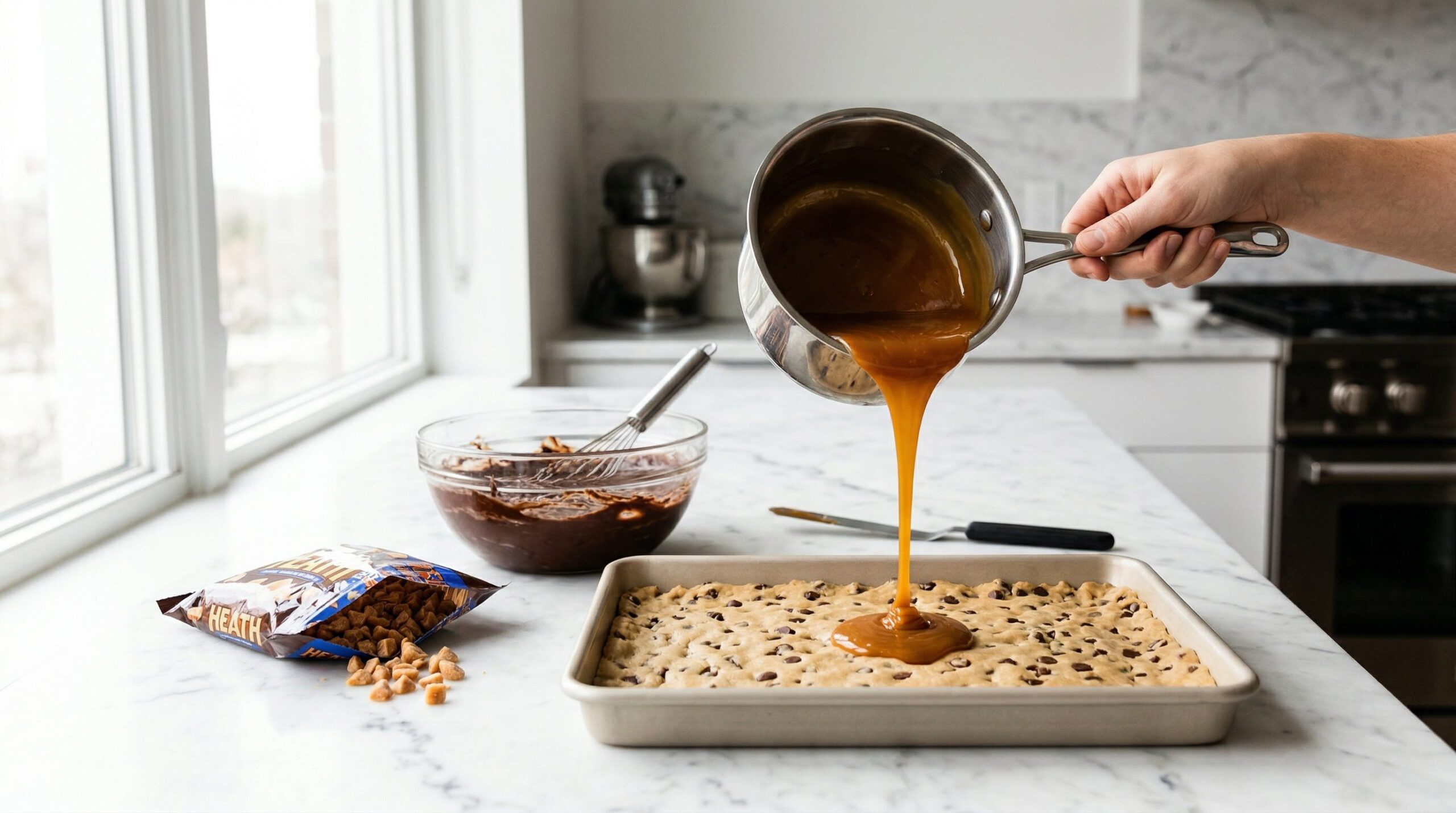 Ingredients for Caramel Toffee Cookie Dough Brownie Bars arranged for preparation