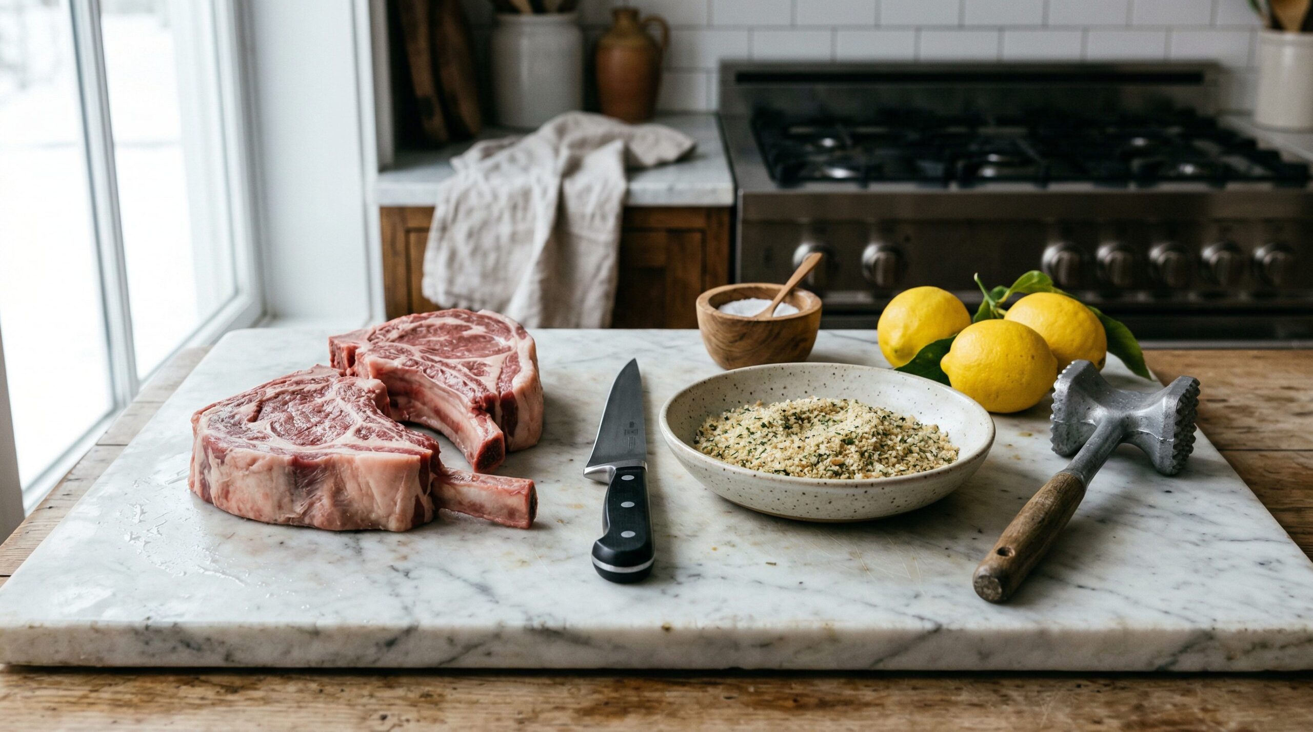 Ingredients for Veal Chops Milanese arranged for preparation
