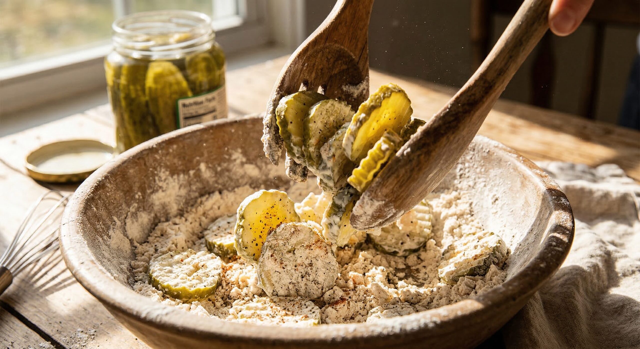 Ingredients for Crispy Fried Pickles with Southern Comeback Sauce arranged for preparation
