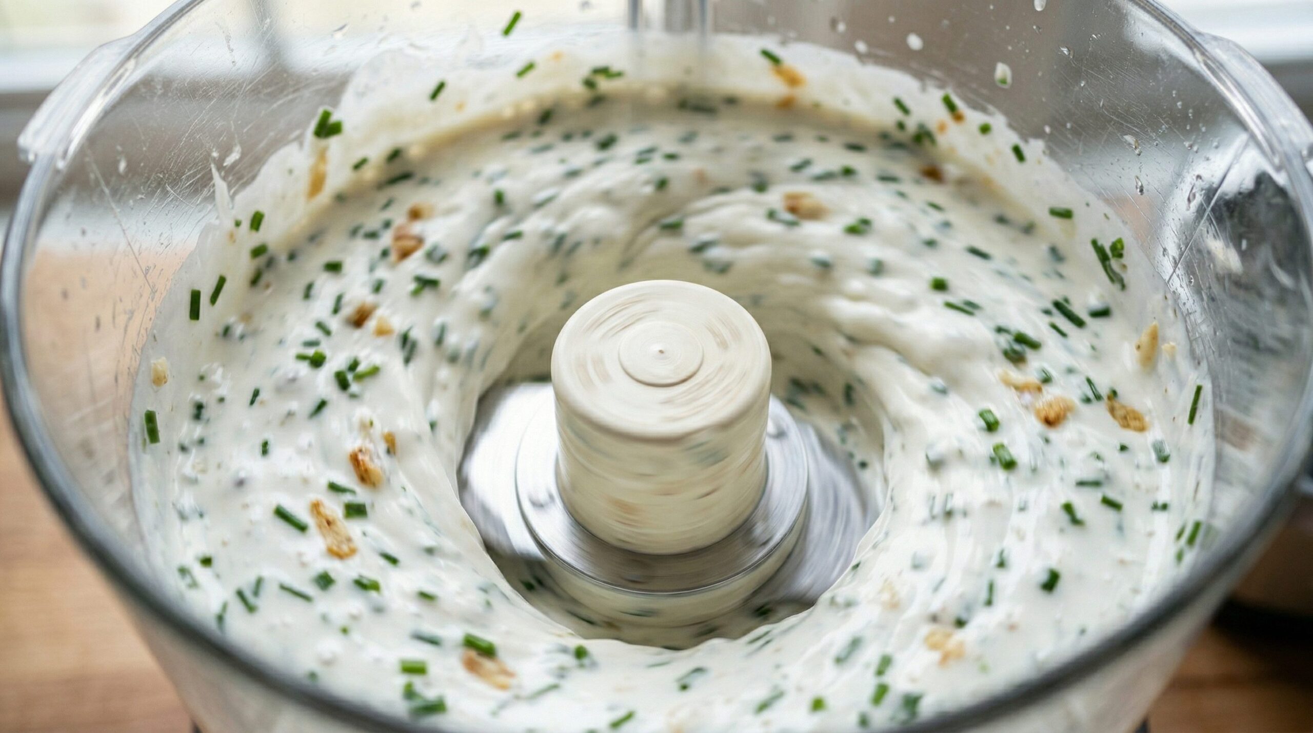 A roasted garlic buttermilk dressing being blended for a farmers market salad