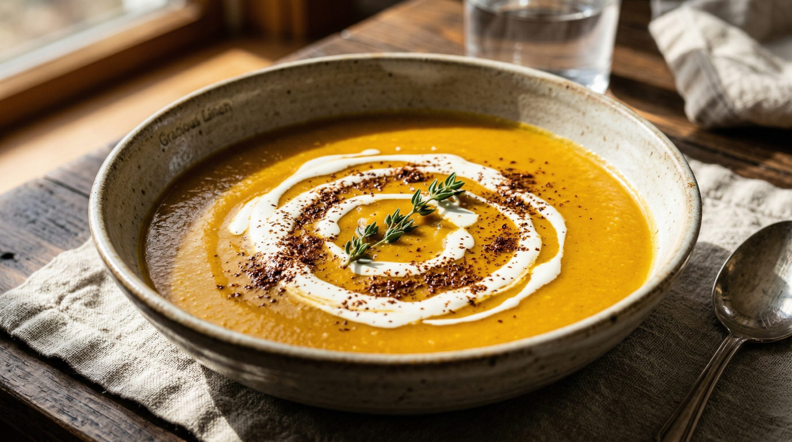 Stunning plated serving of Butternut Squash Bisque, a chef-tested recipe by Chef Jorj Morgan.