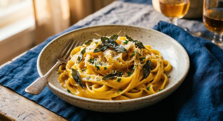 Stunning plated serving of Butternut Squash Fettuccine with Sage and Sherry, a chef-tested recipe by Chef Jorj Morgan.