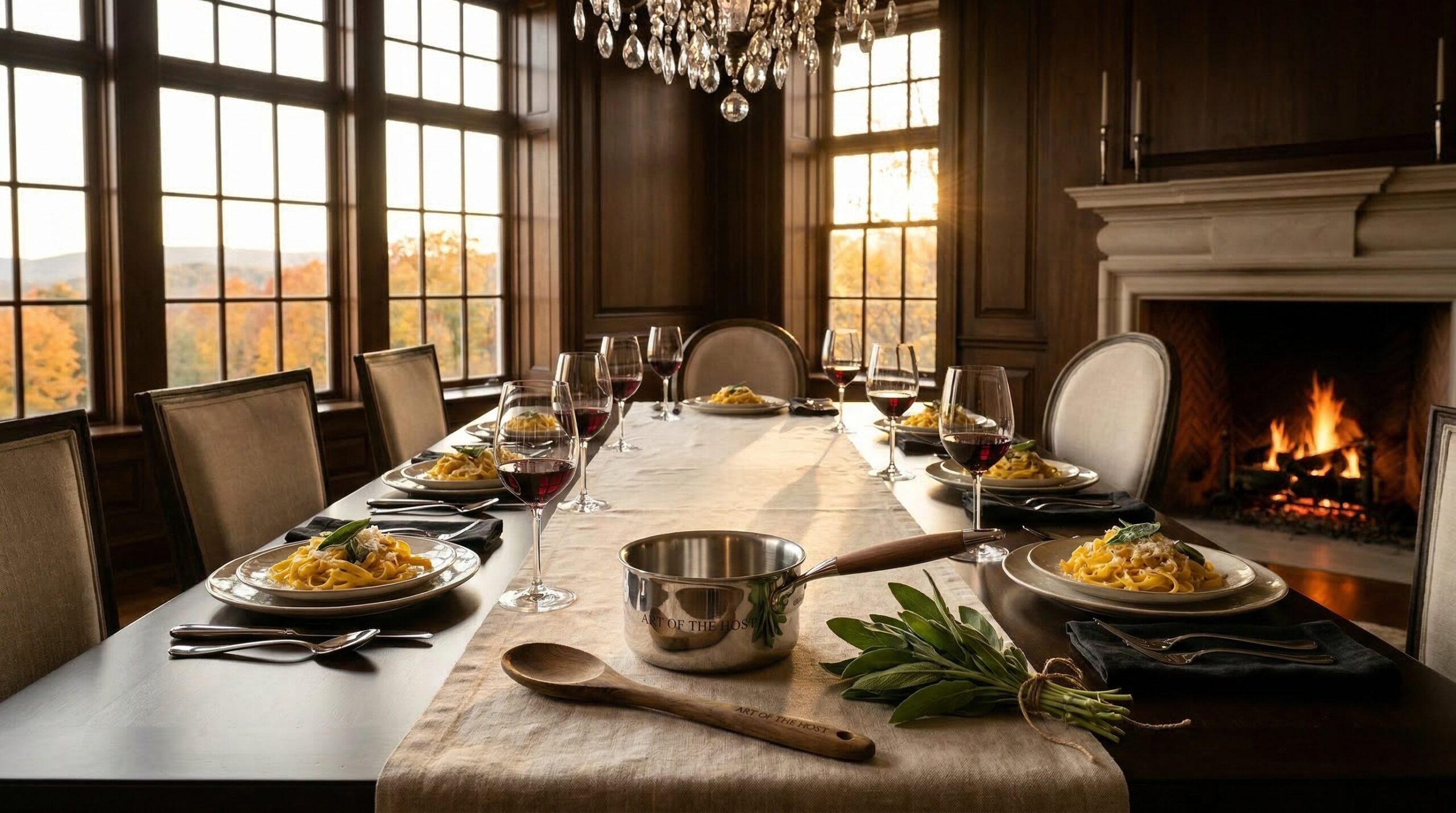 A twirled bowl of butternut squash fettuccine with sage and parsley on an estate table set for an intimate dinner