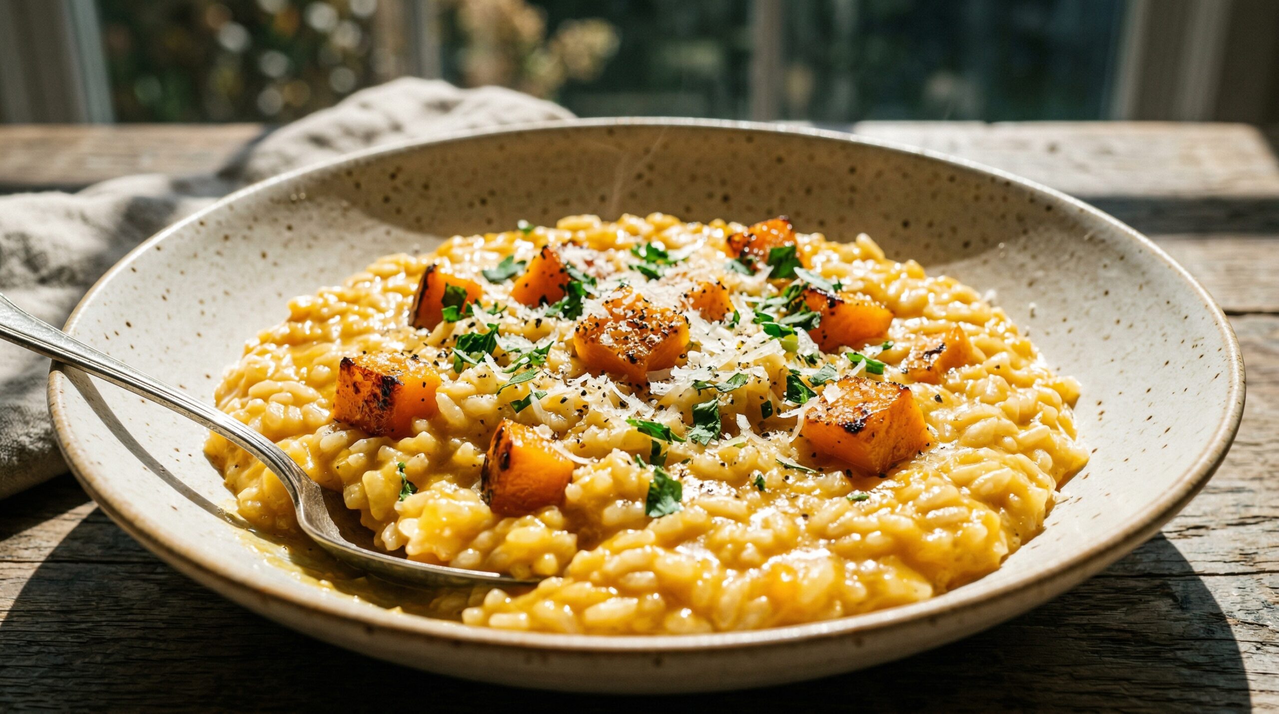 Stunning plated serving of Butternut Squash Risotto, a chef-tested recipe by Chef Jorj Morgan.