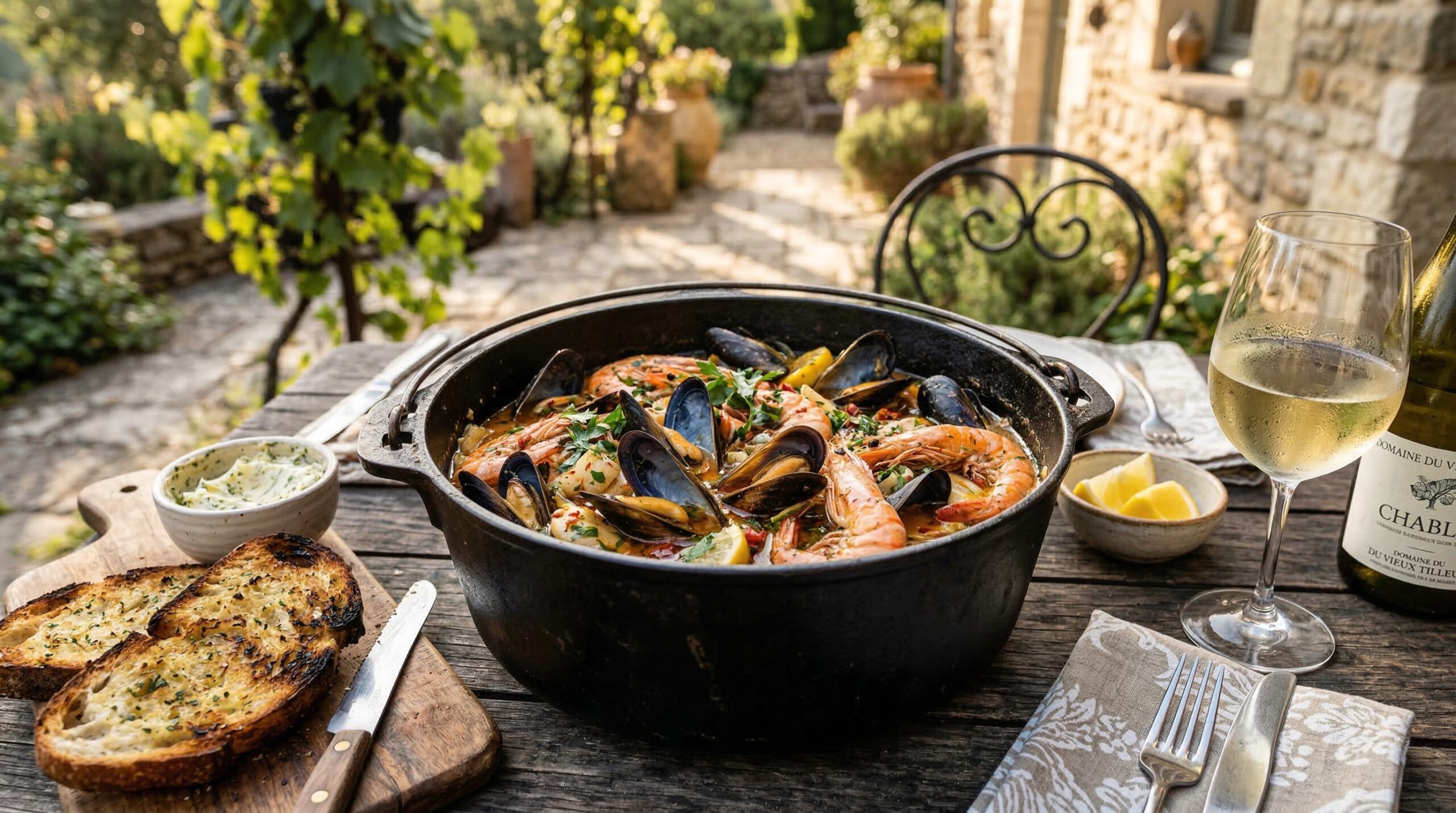 Stunning plated serving of After-Golf Cajun Mussels & Shrimp, a chef-tested recipe by Chef Jorj Morgan.