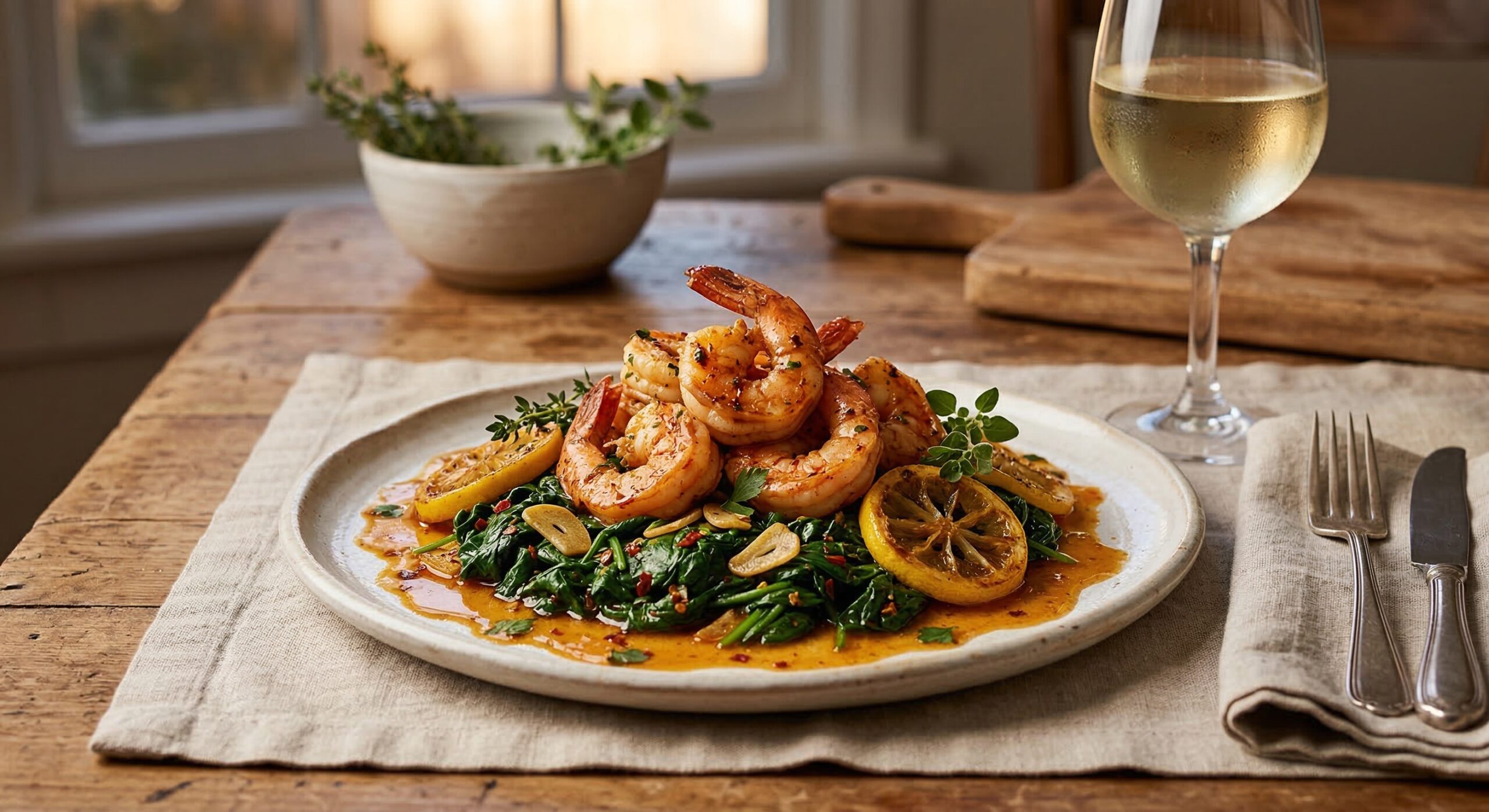 Stunning plated serving of Spicy Cajun Shrimp over Sautéed Baby Spinach, a chef-tested recipe by Chef Jorj Morgan.