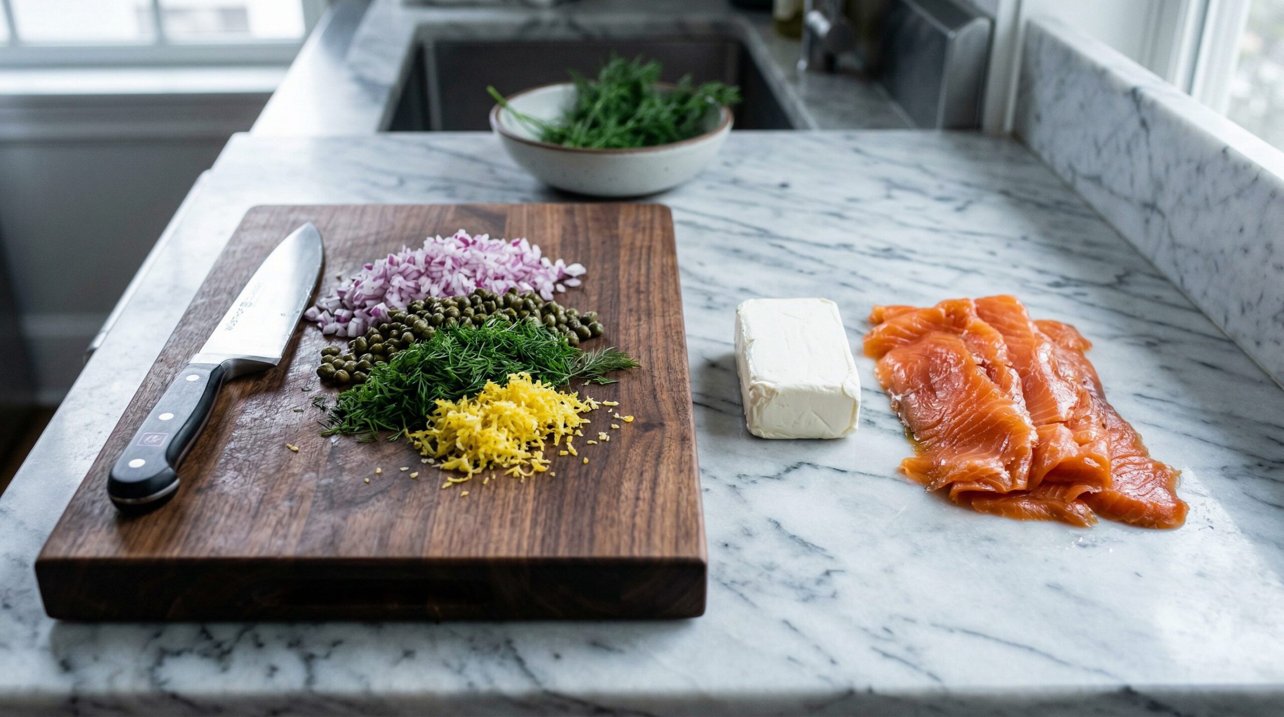 Ingredients for Salmon & Shrimp Checkerboard arranged for preparation