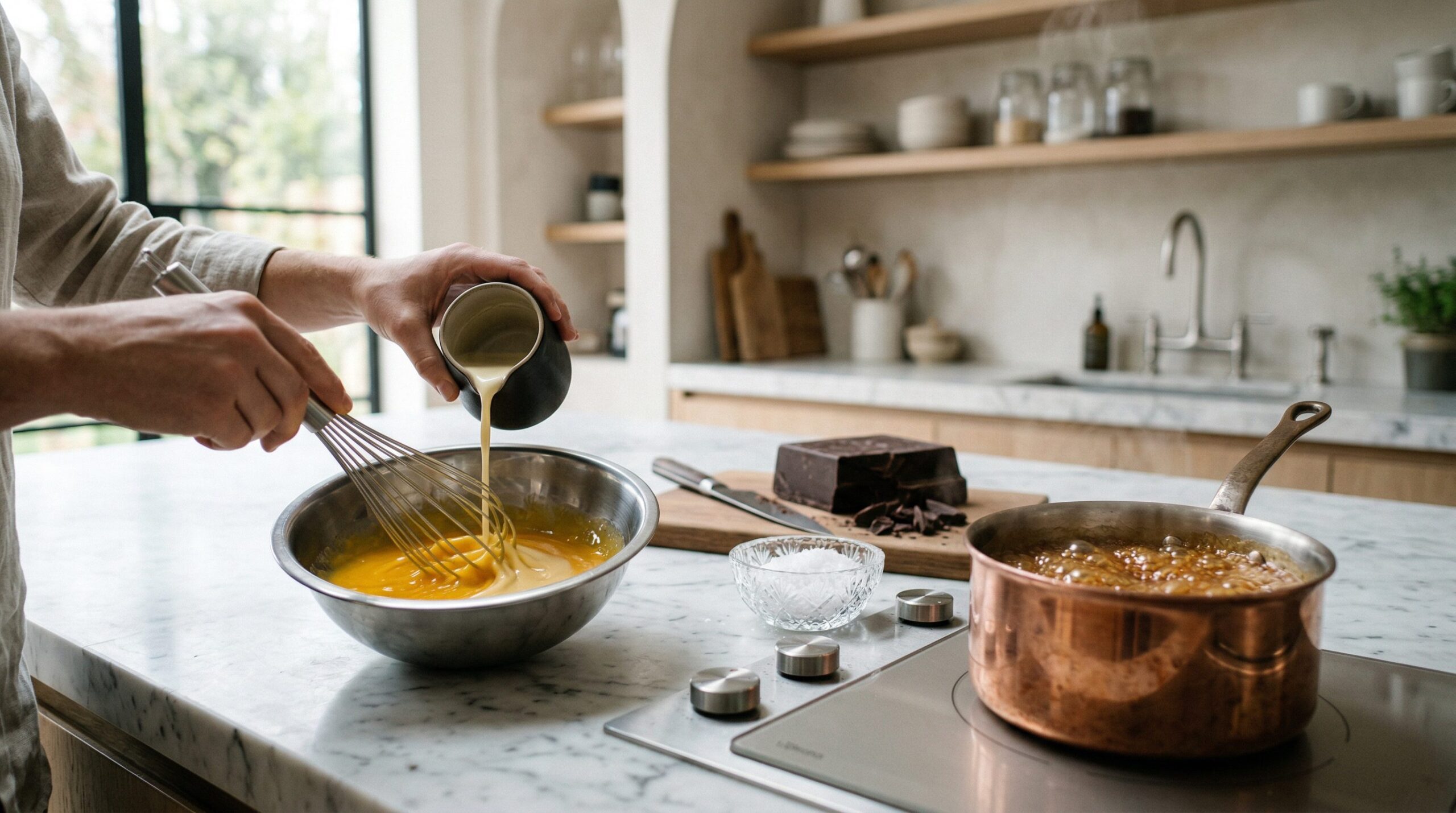 Ingredients for Salted Caramel Ice Cream with Chocolate Chunks arranged for preparation