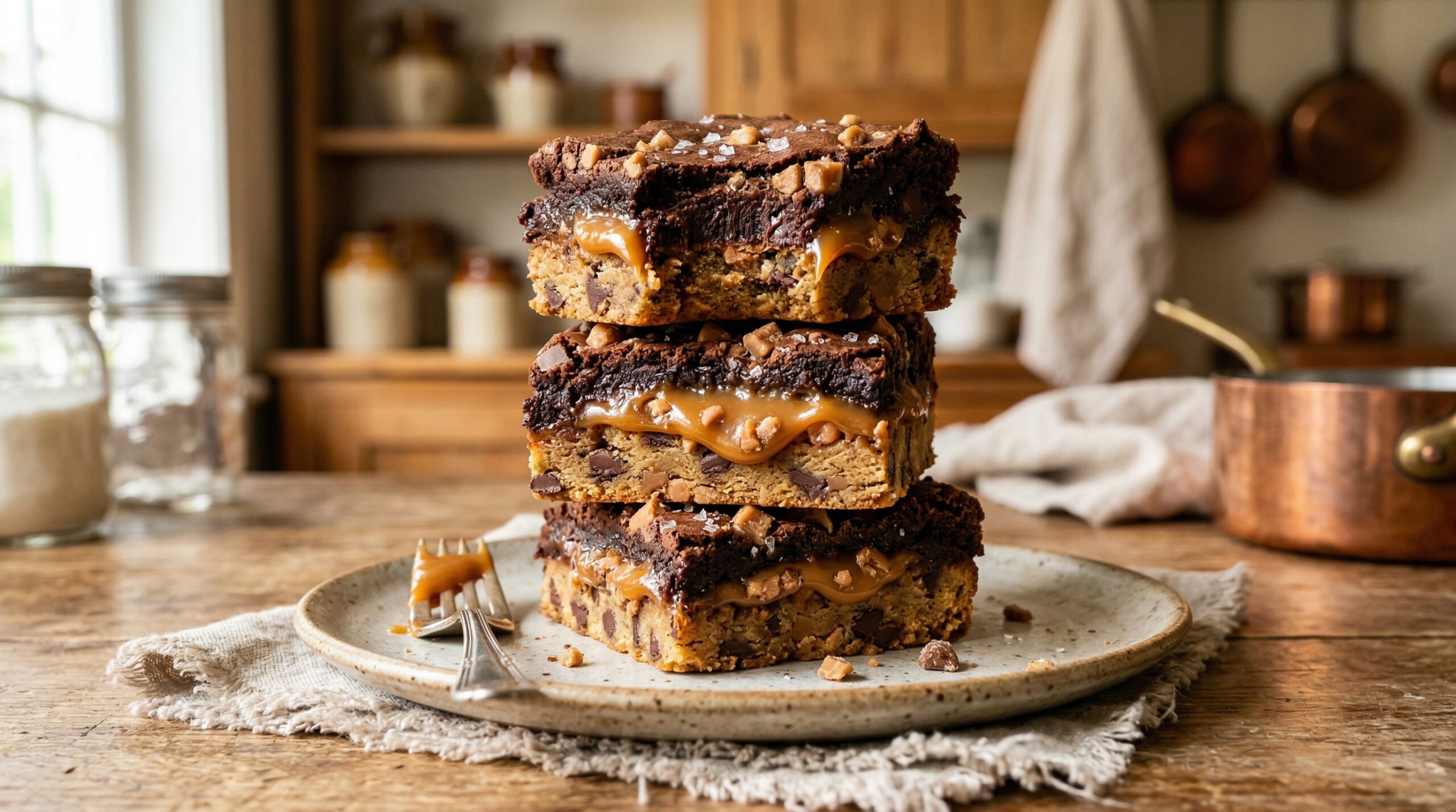 Stunning plated serving of Caramel Toffee Cookie Dough Brownie Bars, a chef-tested recipe by Chef Jorj Morgan.