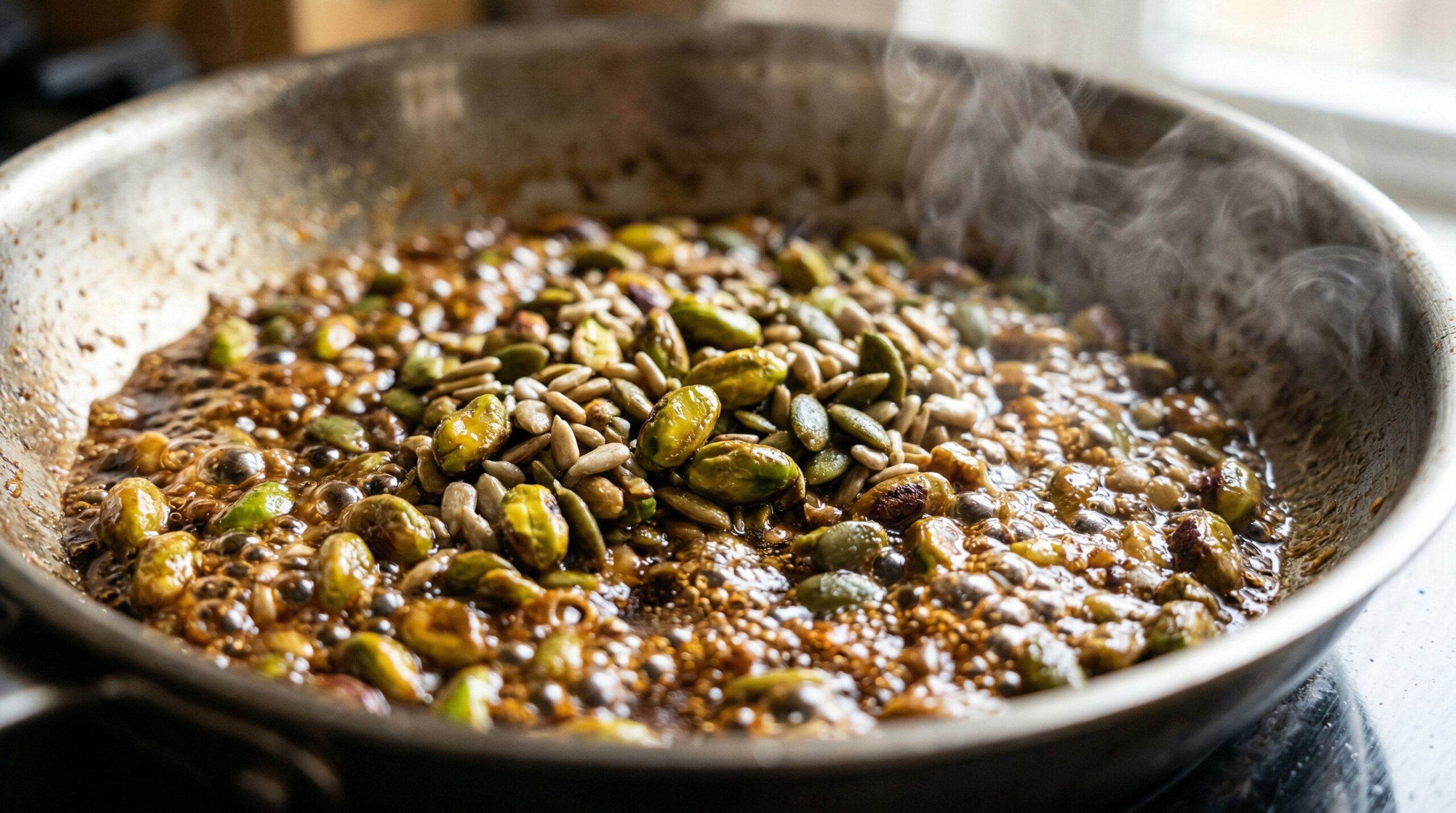 Pistachios, sunflower seeds, and pepitas being caramelized in butter and brown sugar