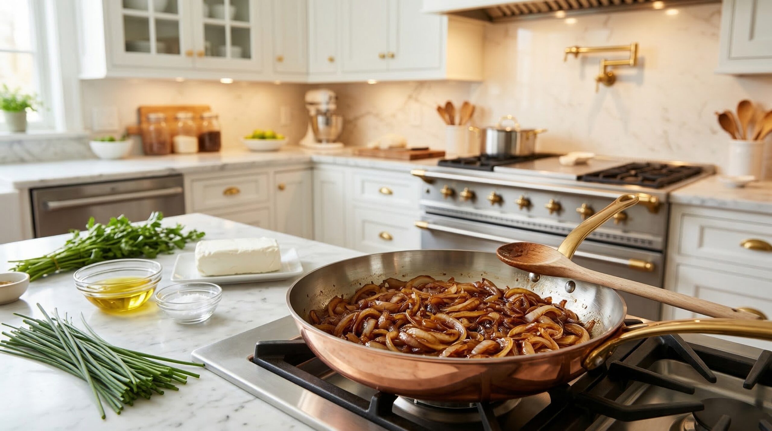 caramelized browning reaction in a copper skillet featuring deeply browned, syrupy caramelized onions