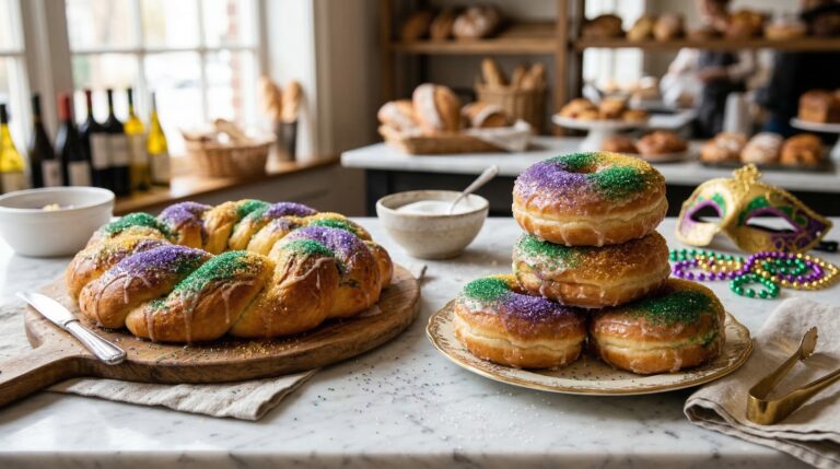 Stunning plated serving of Mardi Gras Braided Bread & King Cake Donuts, a chef-tested recipe by Chef Jorj Morgan.