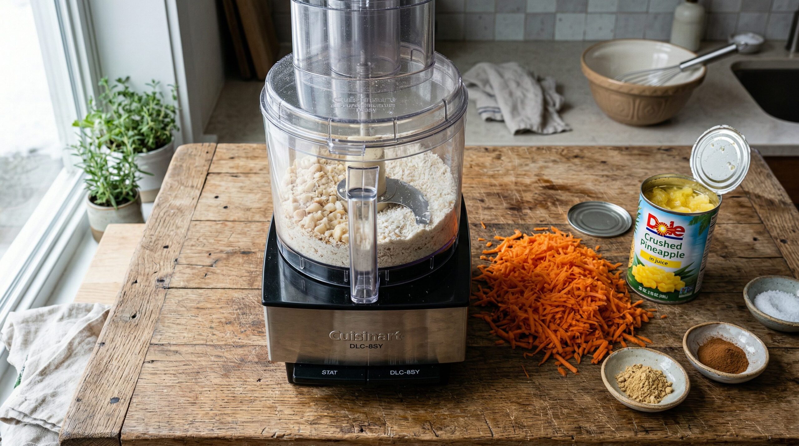 Ingredients for Tropical Carrot & Macadamia Nut Cake arranged for preparation
