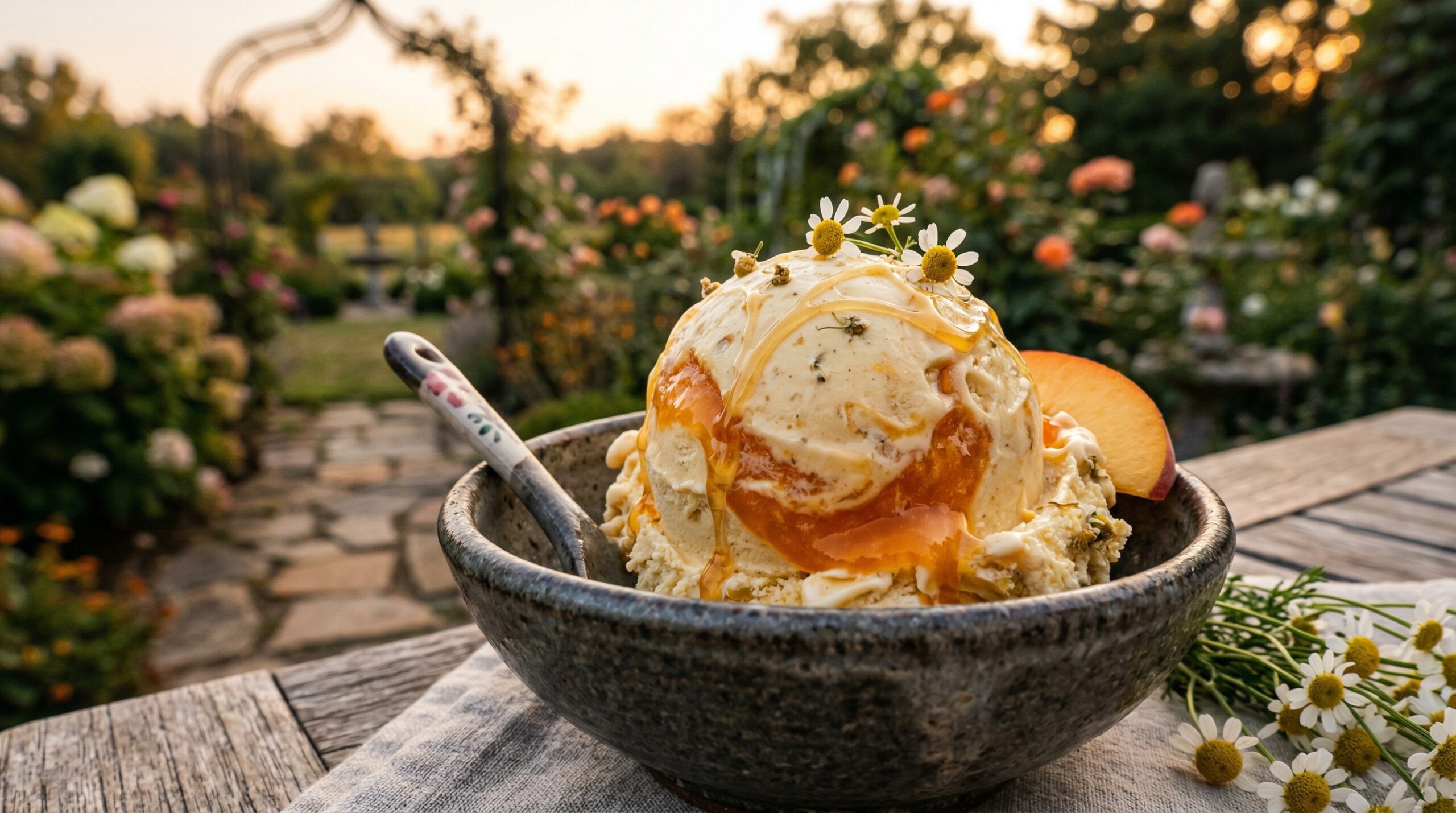 Stunning plated serving of Chamomile Honey Ice Cream with a Peach Swirl, a chef-tested recipe by Chef Jorj Morgan.