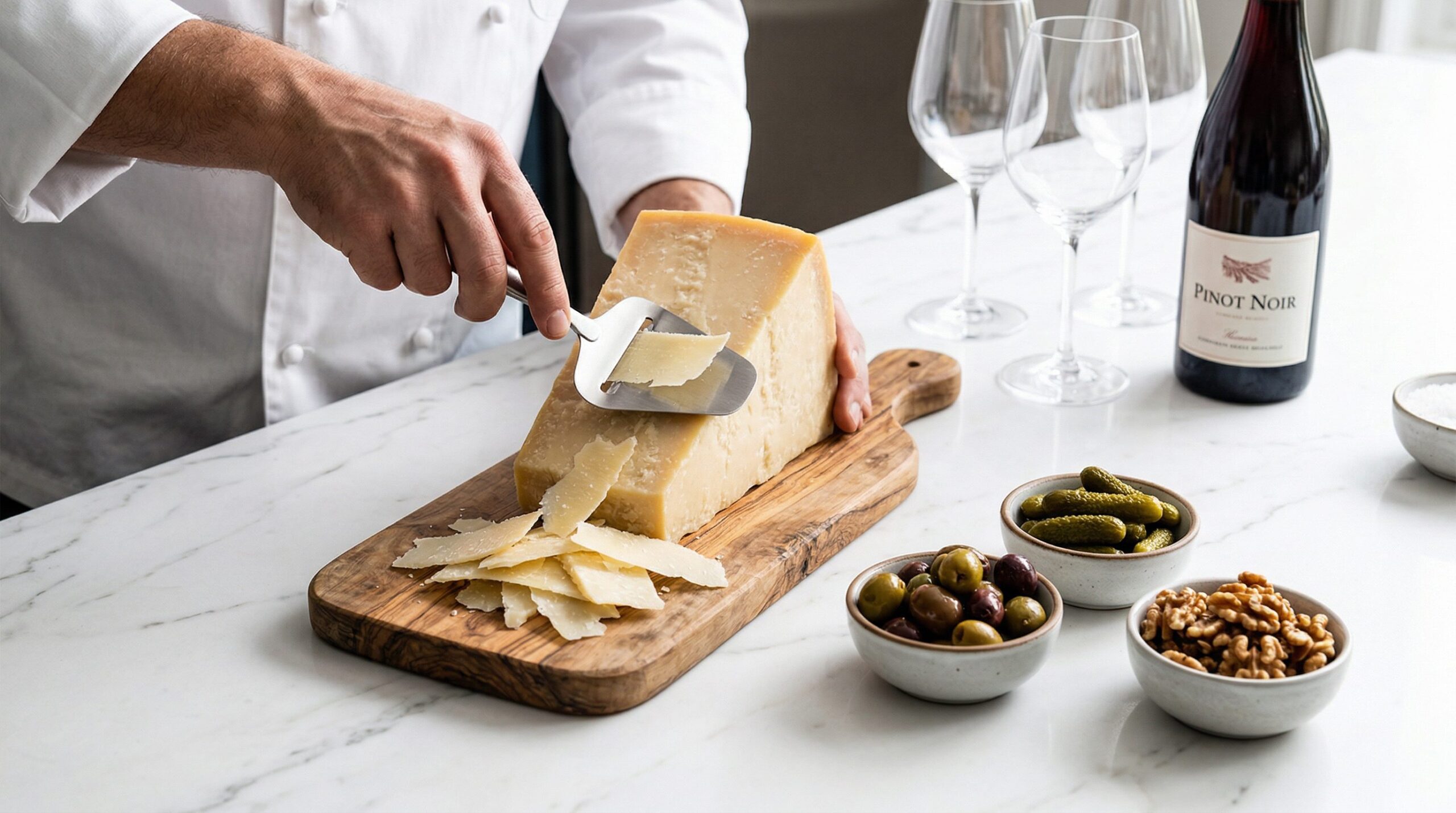 A wine and cheese board being assembled with cheeses, fruit, and accompaniments
