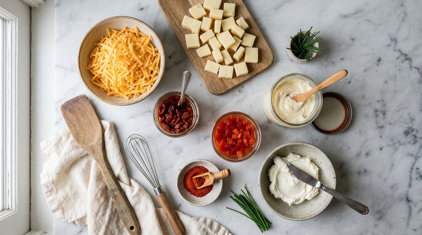 Sharp cheddar, provolone, cream cheese, and sun-dried tomatoes arranged for a pimento-style dip