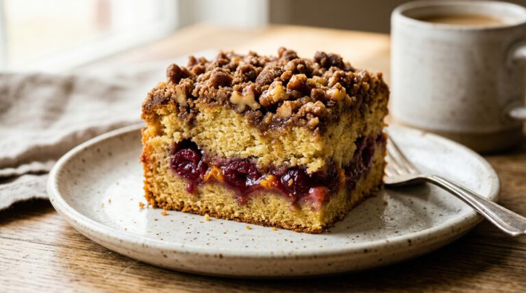Stunning plated serving of Cherry Walnut Crumble Cake, a chef-tested recipe by Chef Jorj Morgan.