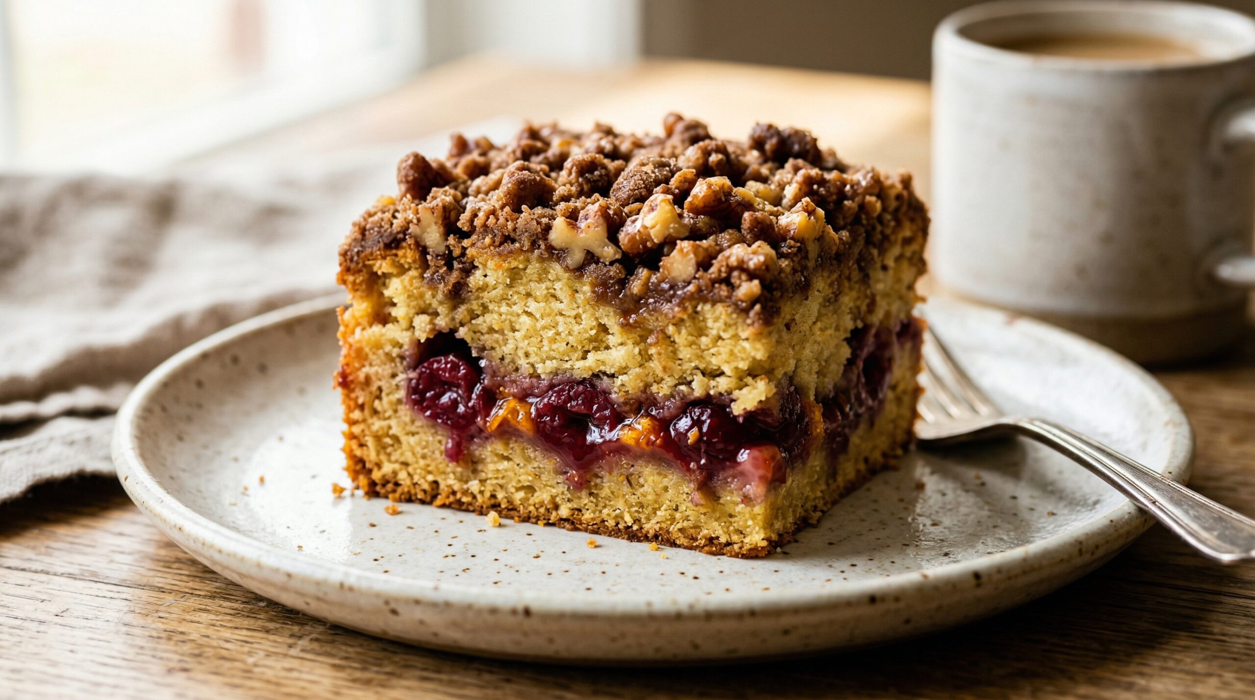 Stunning plated serving of Cherry Walnut Crumble Cake, a chef-tested recipe by Chef Jorj Morgan.