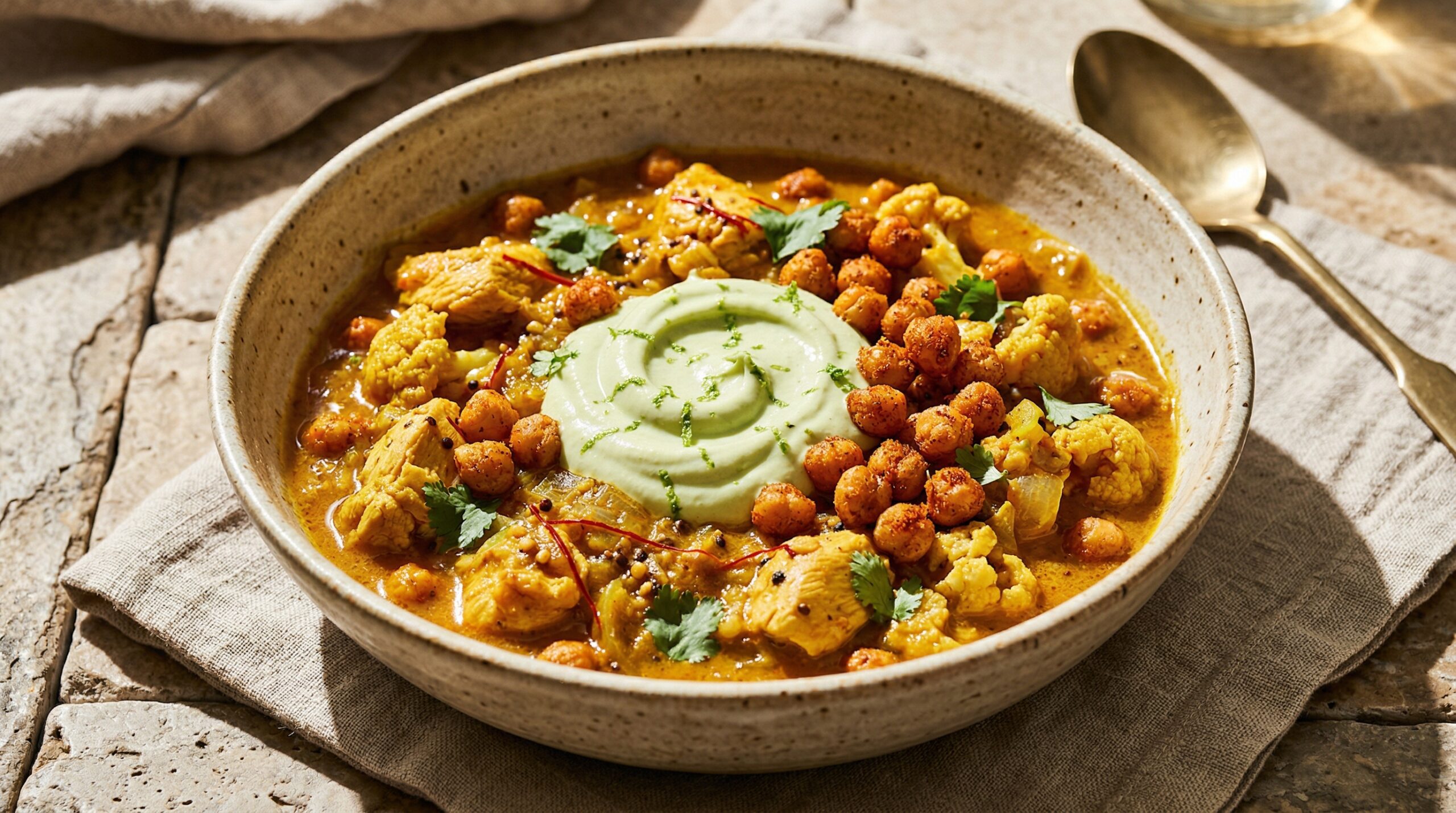 Stunning plated serving of Chicken & Cauliflower Curry, a chef-tested recipe by Chef Jorj Morgan.
