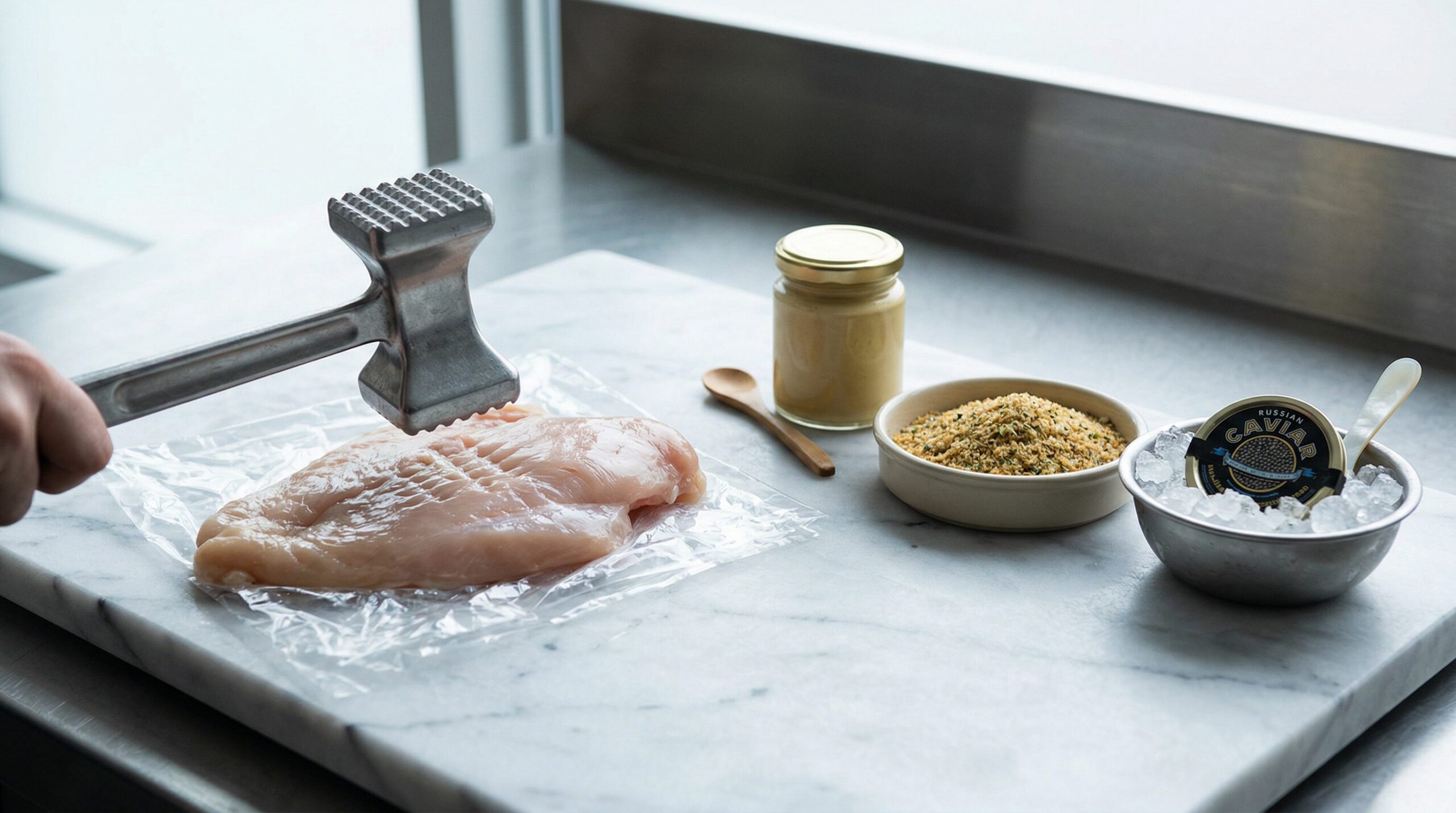Ingredients for Crispy Breaded Chicken Breast with Caviar & Dijon Cream arranged for preparation