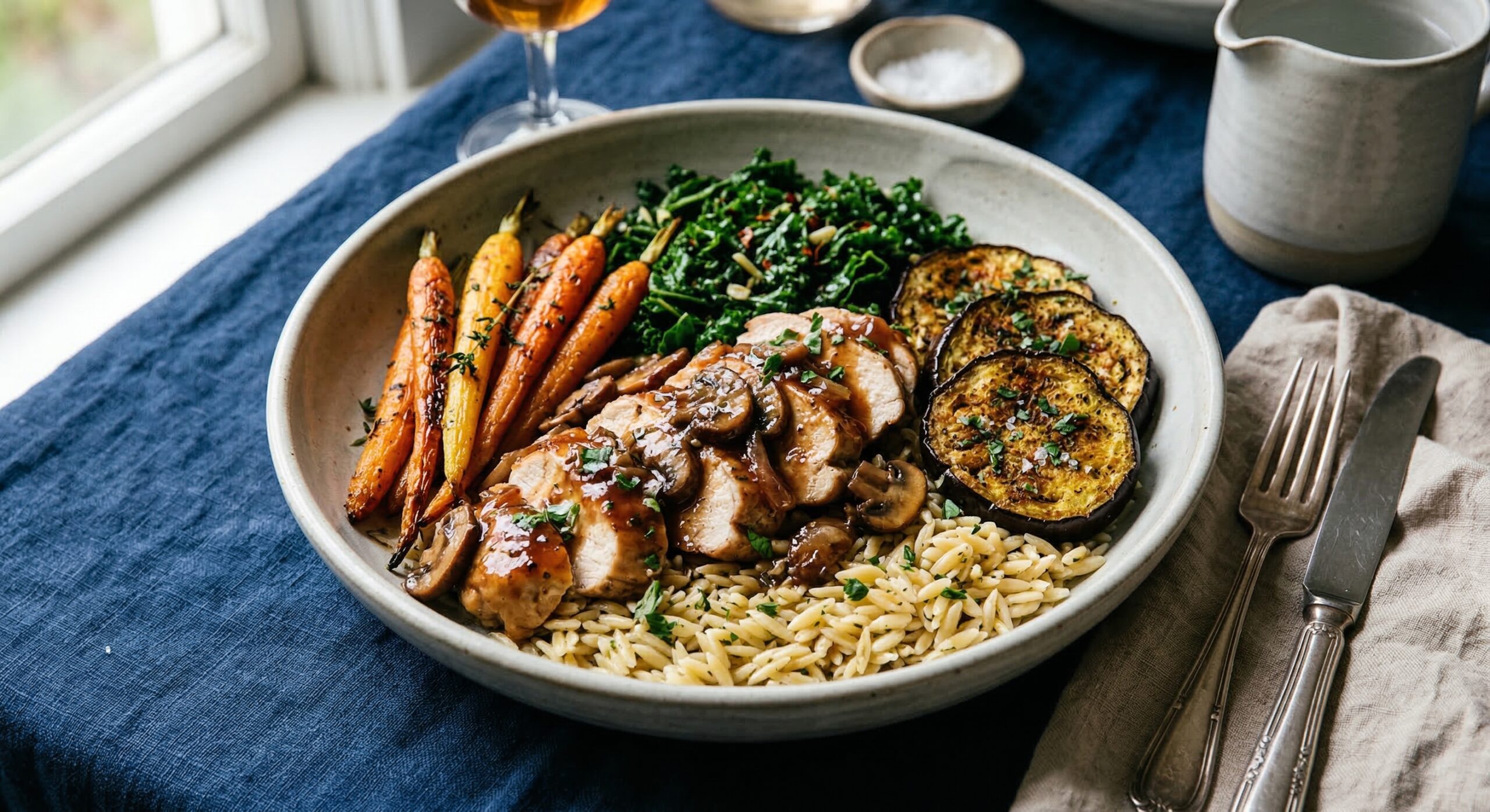Stunning plated serving of Chicken Marsala Harvest Bowl, a chef-tested recipe by Chef Jorj Morgan.