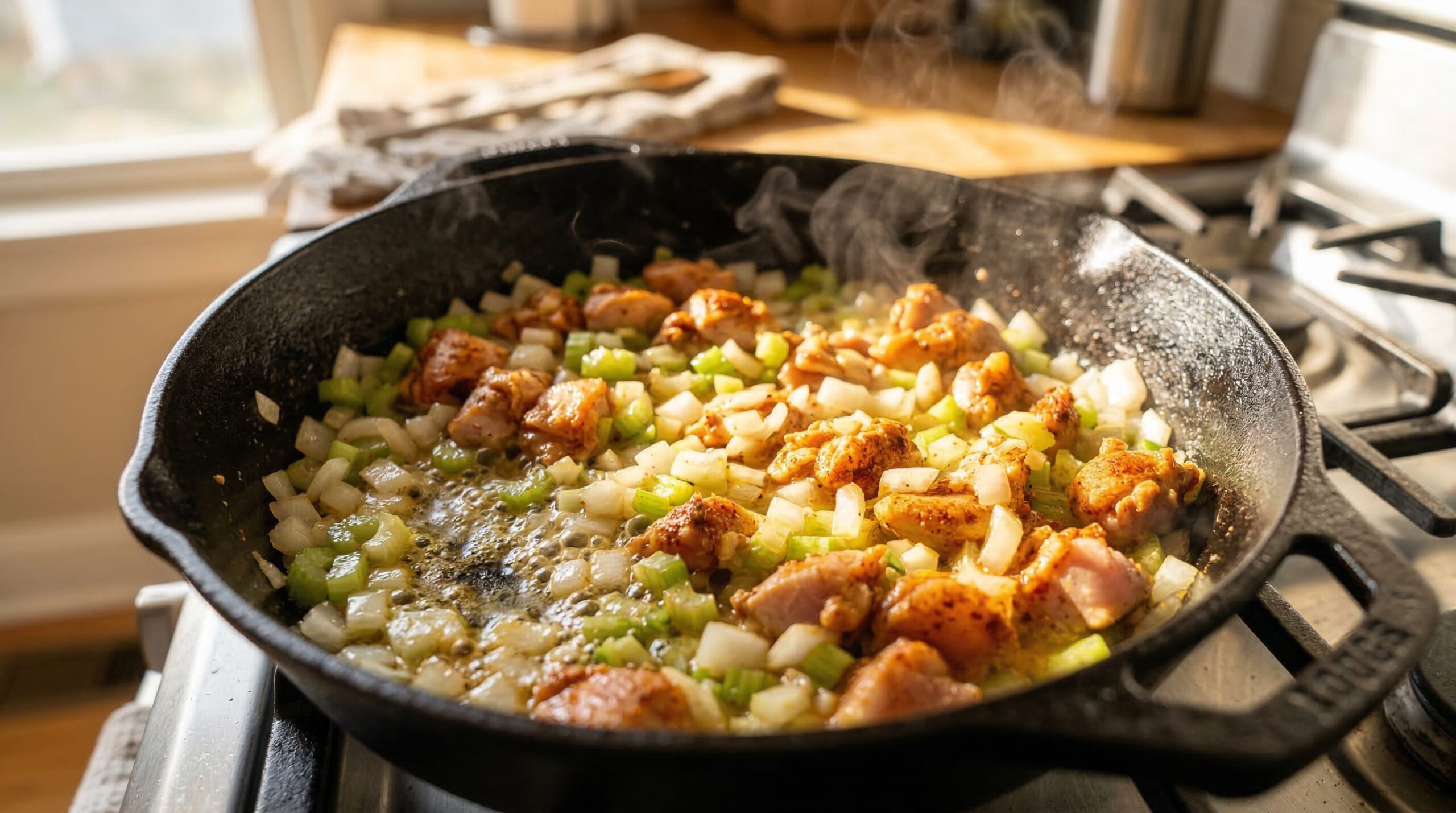 Diced spicy chicken, white onion, and thinly sliced celery softening in butter in a skillet for buffalo dip