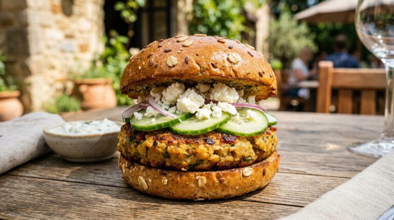 Stunning plated serving of Chickpea Veggie Burgers, a chef-tested recipe by Chef Jorj Morgan.