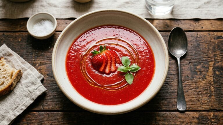 Stunning plated serving of Chilled Strawberry & Basil Gazpacho, a chef-tested recipe by Chef Jorj Morgan.