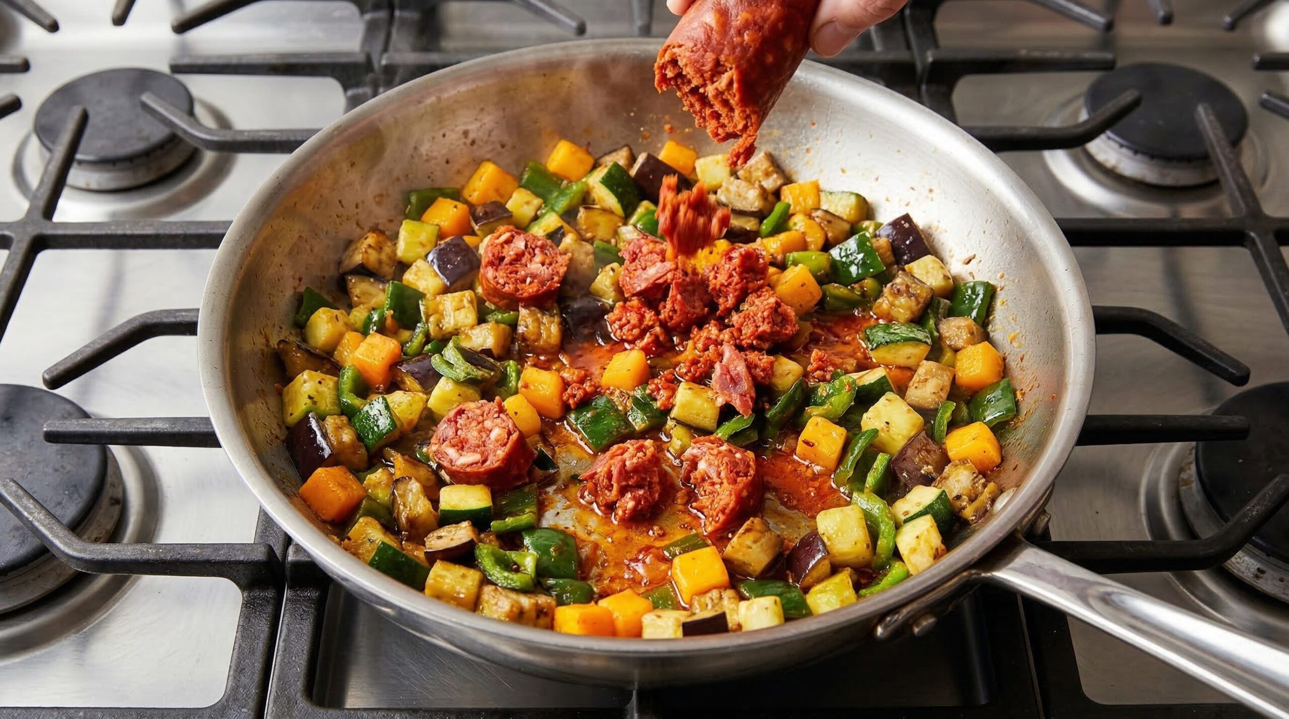 A skillet of chorizo, eggplant, onion, and white beans for stuffing squash