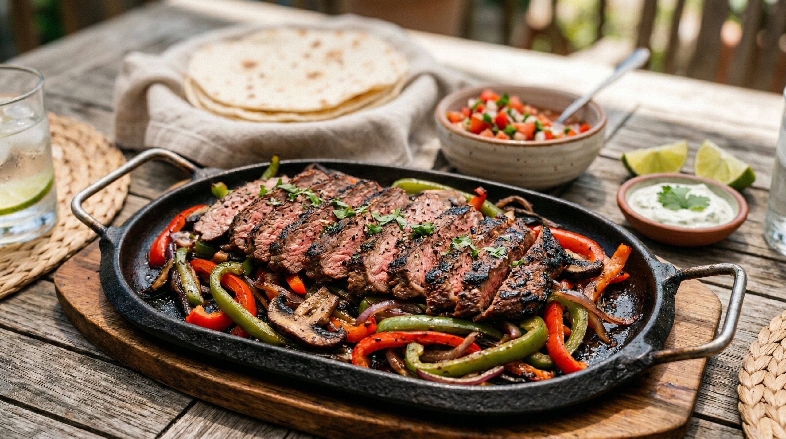 Stunning plated serving of Chuck Wagon Steak Fajitas, a chef-tested recipe by Chef Jorj Morgan.