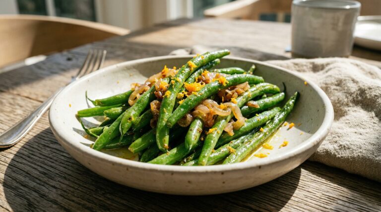 Stunning plated serving of Citrus Sautéed Green Beans, a chef-tested recipe by Chef Jorj Morgan.