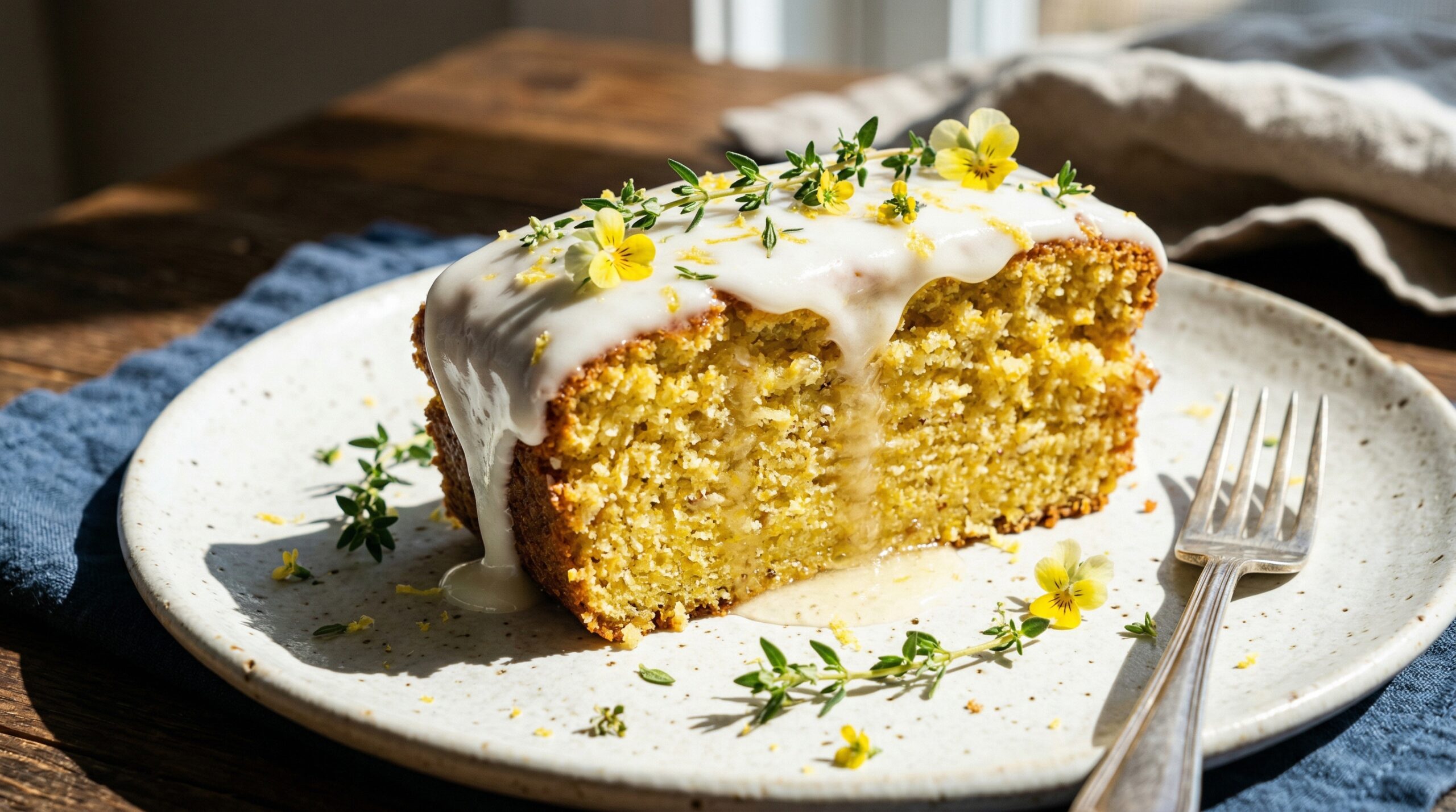 Stunning plated serving of Citrus & Thyme Sunshine Cake, a chef-tested recipe by Chef Jorj Morgan.
