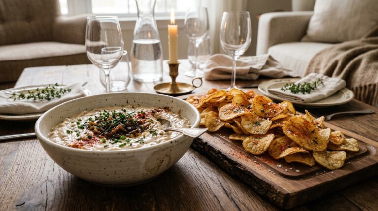 Stunning plated serving of Classic Chips & Caramelized Onion Dip, a chef-tested recipe by Chef Jorj Morgan.