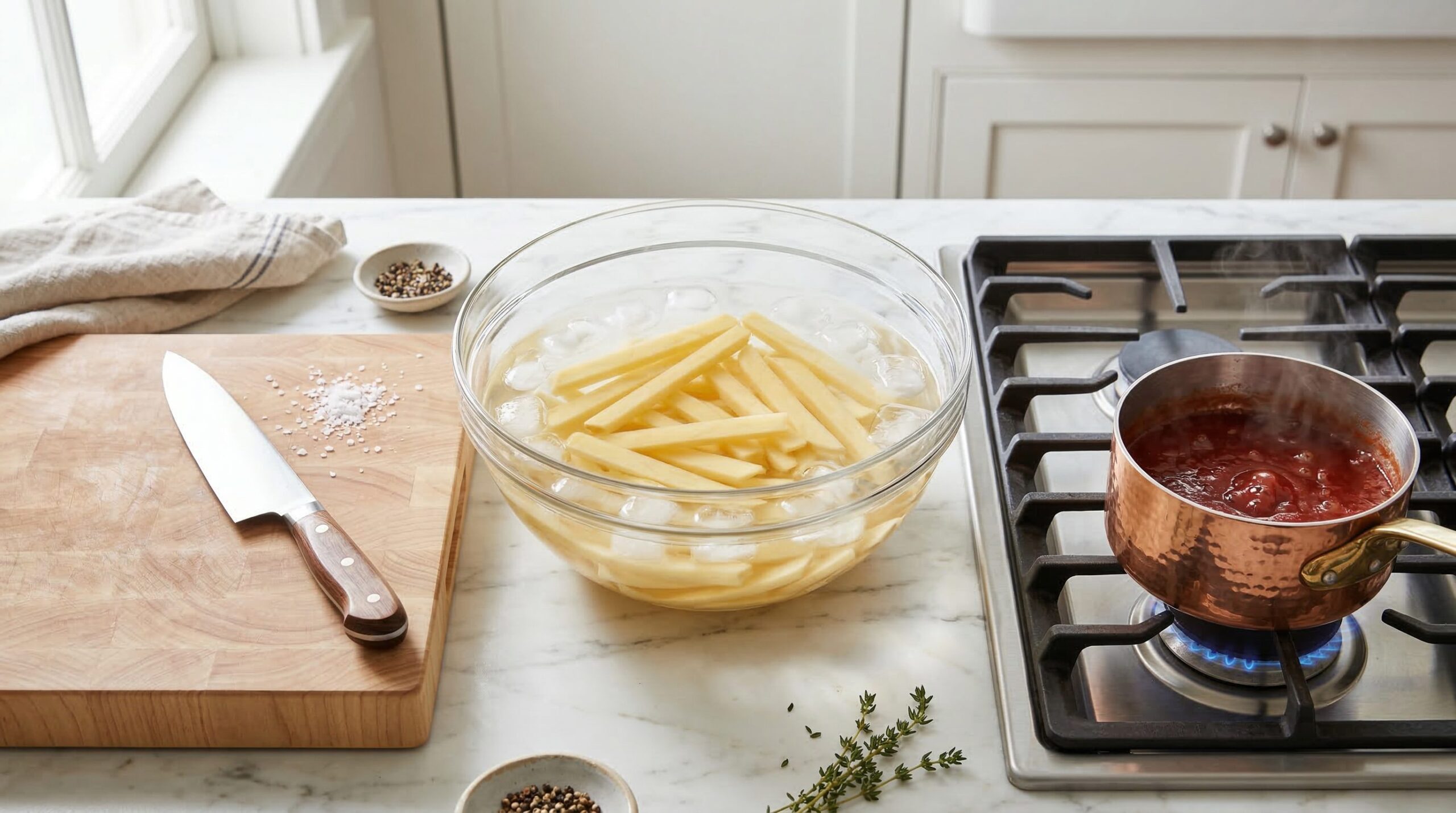 Ingredients for Crispy French Fries with Spiced Ketchup arranged for preparation