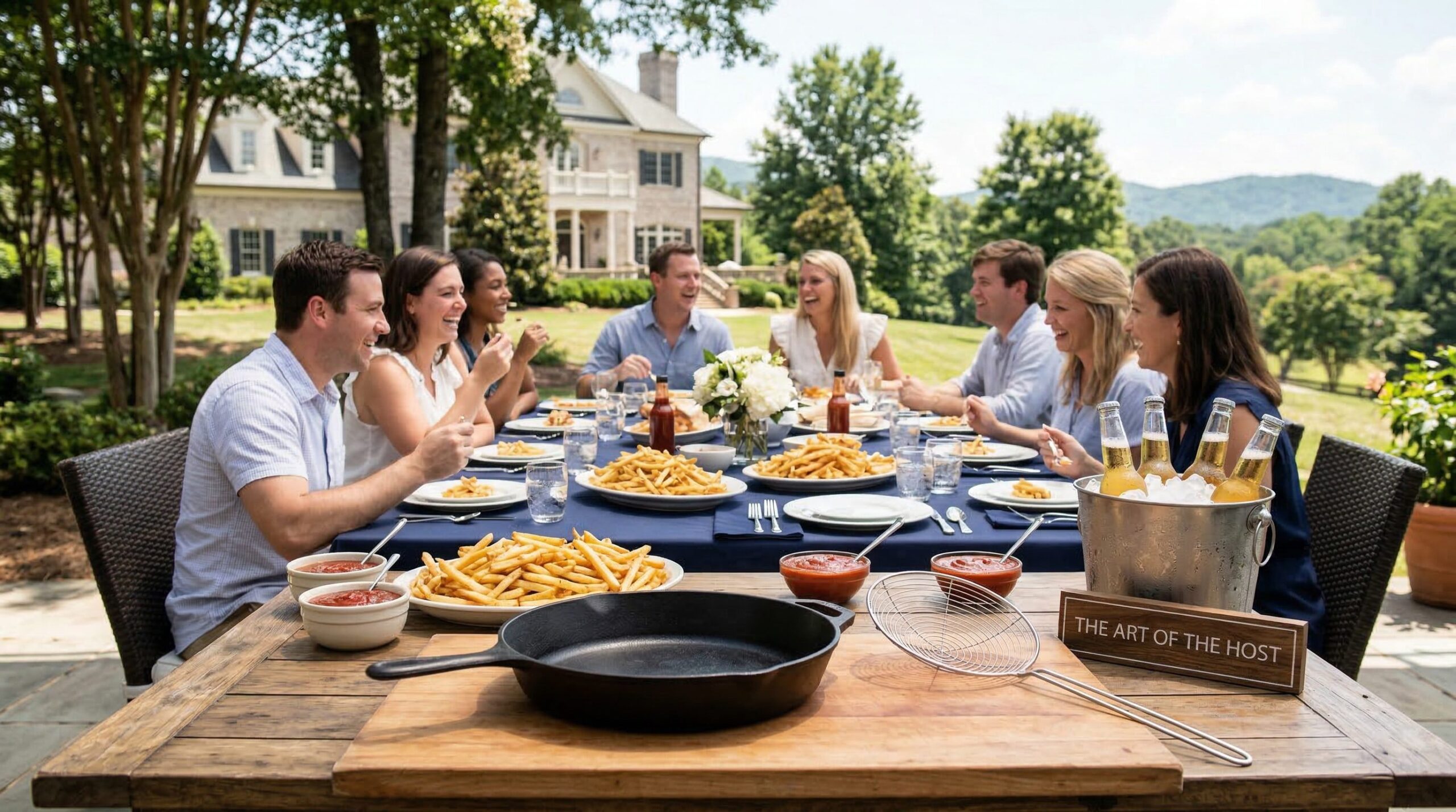 Crispy French Fries with Spiced Ketchup plated and served on an estate table