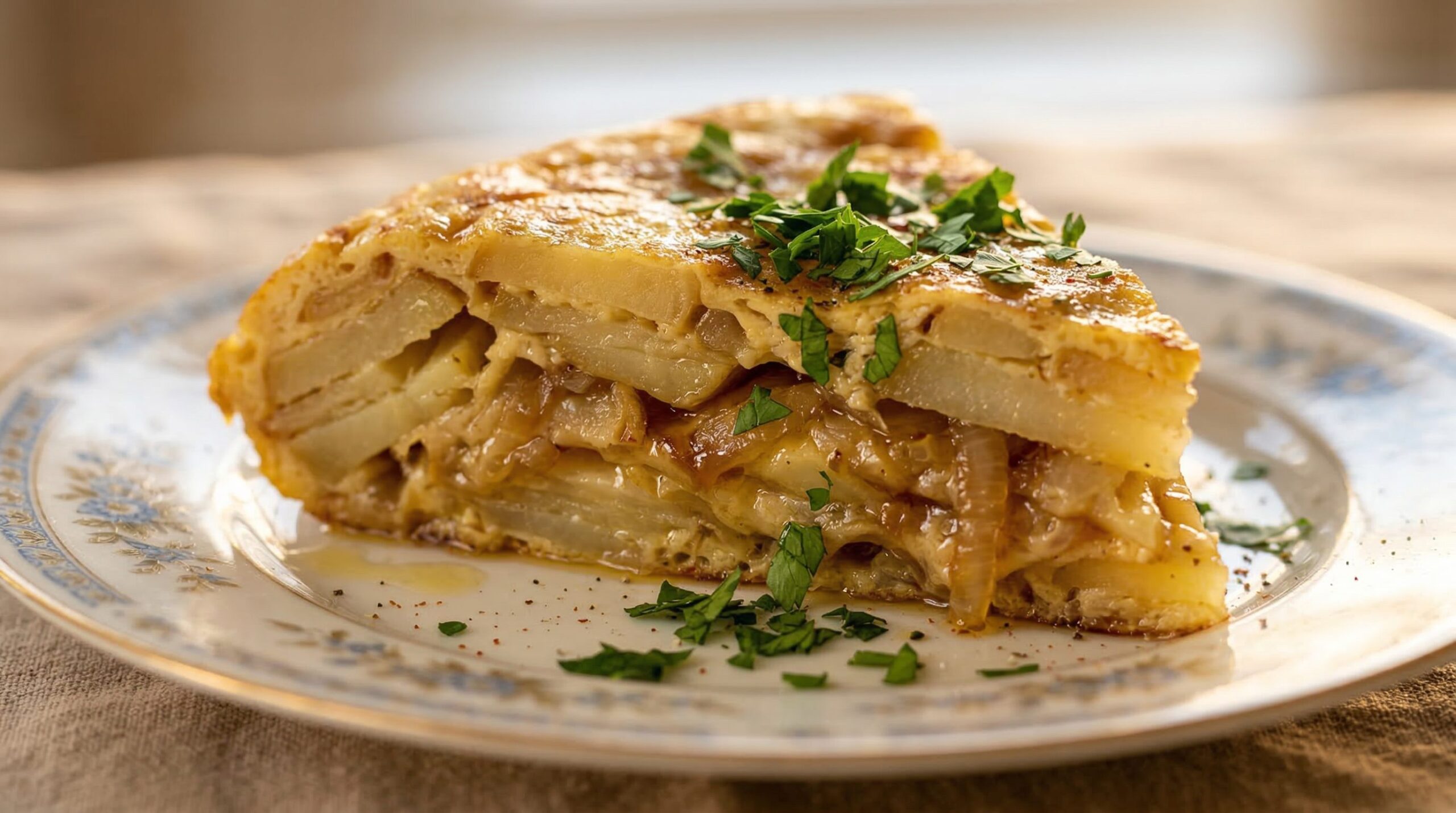 A thick, golden Spanish potato tortilla being inverted onto a plate to cook the second side