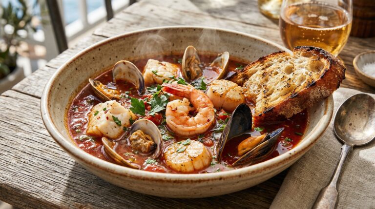 Stunning plated serving of Coastal Seafood Stew, a chef-tested recipe by Chef Jorj Morgan.