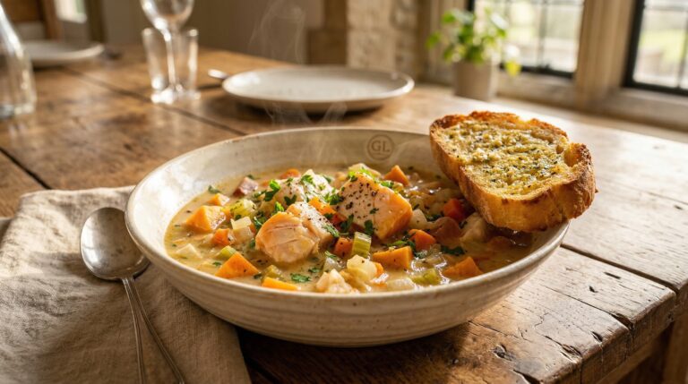 Stunning plated serving of Coastal Swordfish & Root Vegetable Chowder, a chef-tested recipe by Chef Jorj Morgan.