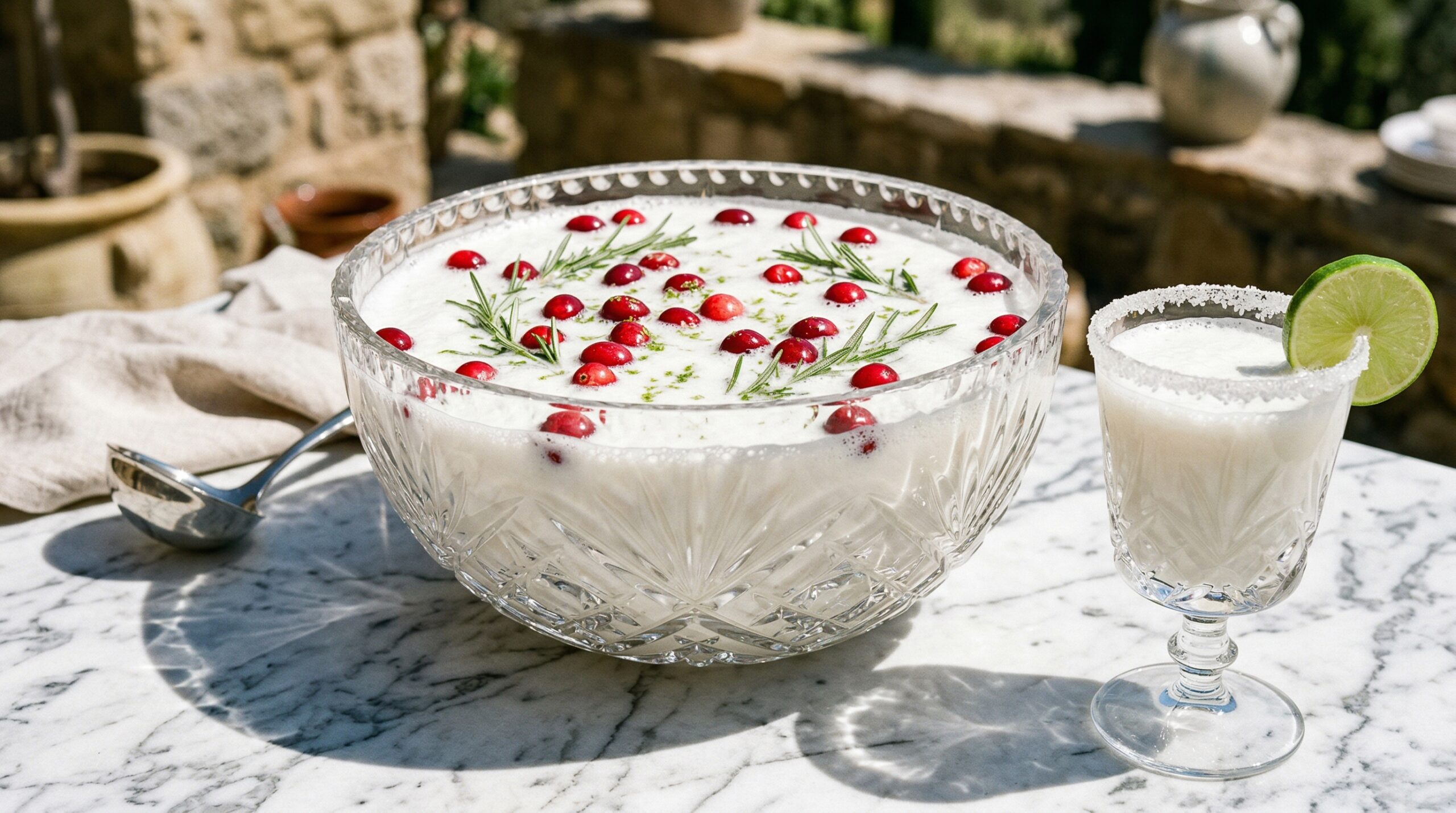Stunning plated serving of Coconut Margarita Punch, a chef-tested recipe by Chef Jorj Morgan.