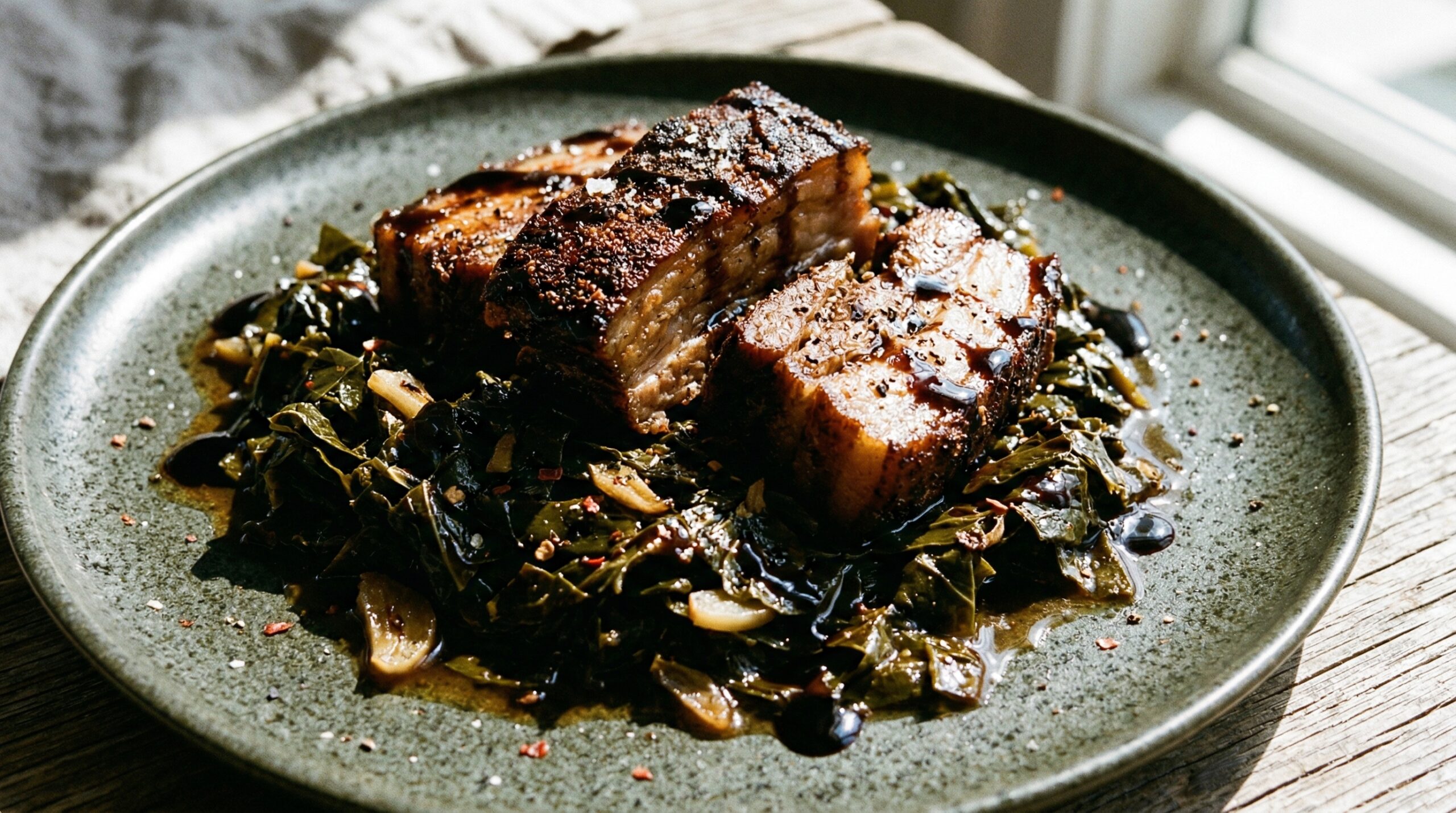 Stunning plated serving of Collard Greens with Slow Roasted Pork Belly, a chef-tested recipe by Chef Jorj Morgan.