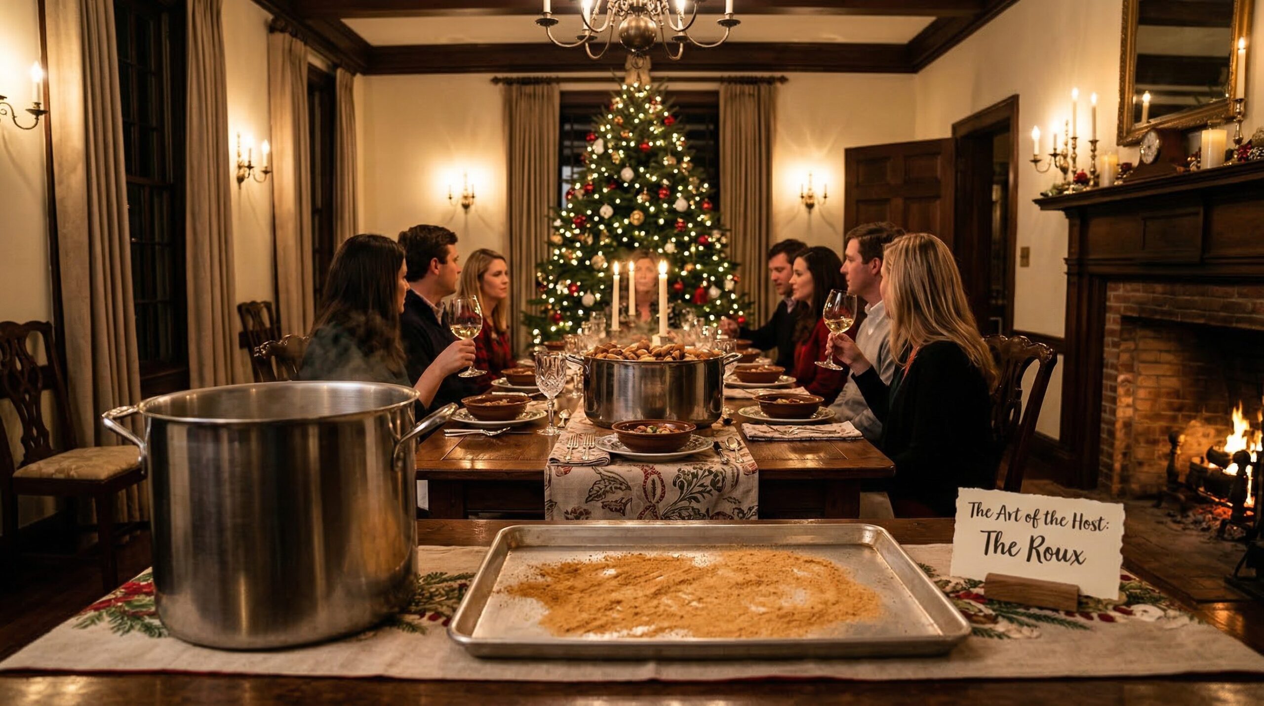 Make-Ahead Shrimp & Andouille Sausage Gumbo plated and served on an estate table