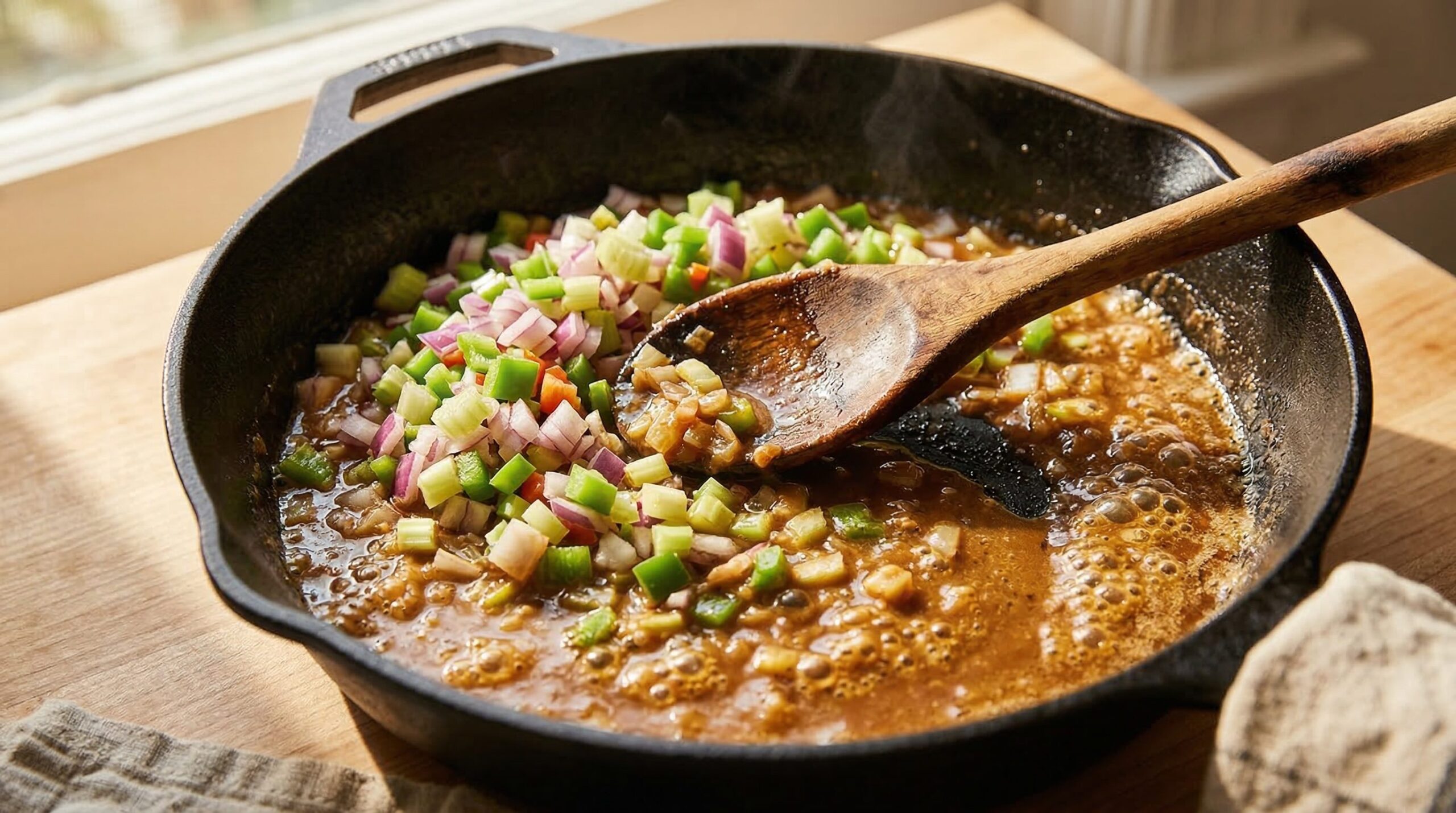 Ingredients for Seafood Étouffée with Cauliflower Rice arranged for preparation