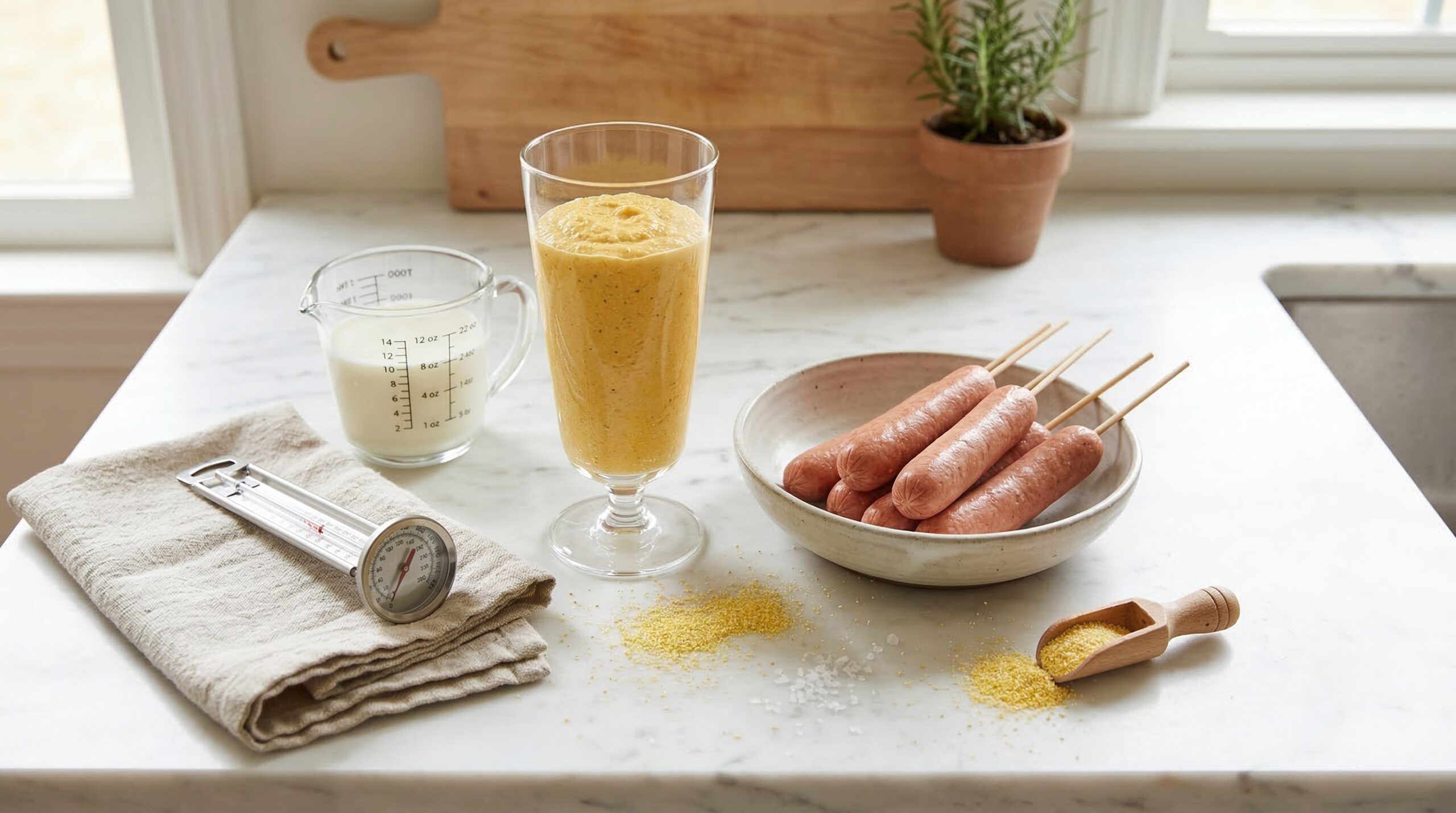 A tall glass of thick cornmeal batter next to skewered hot dogs