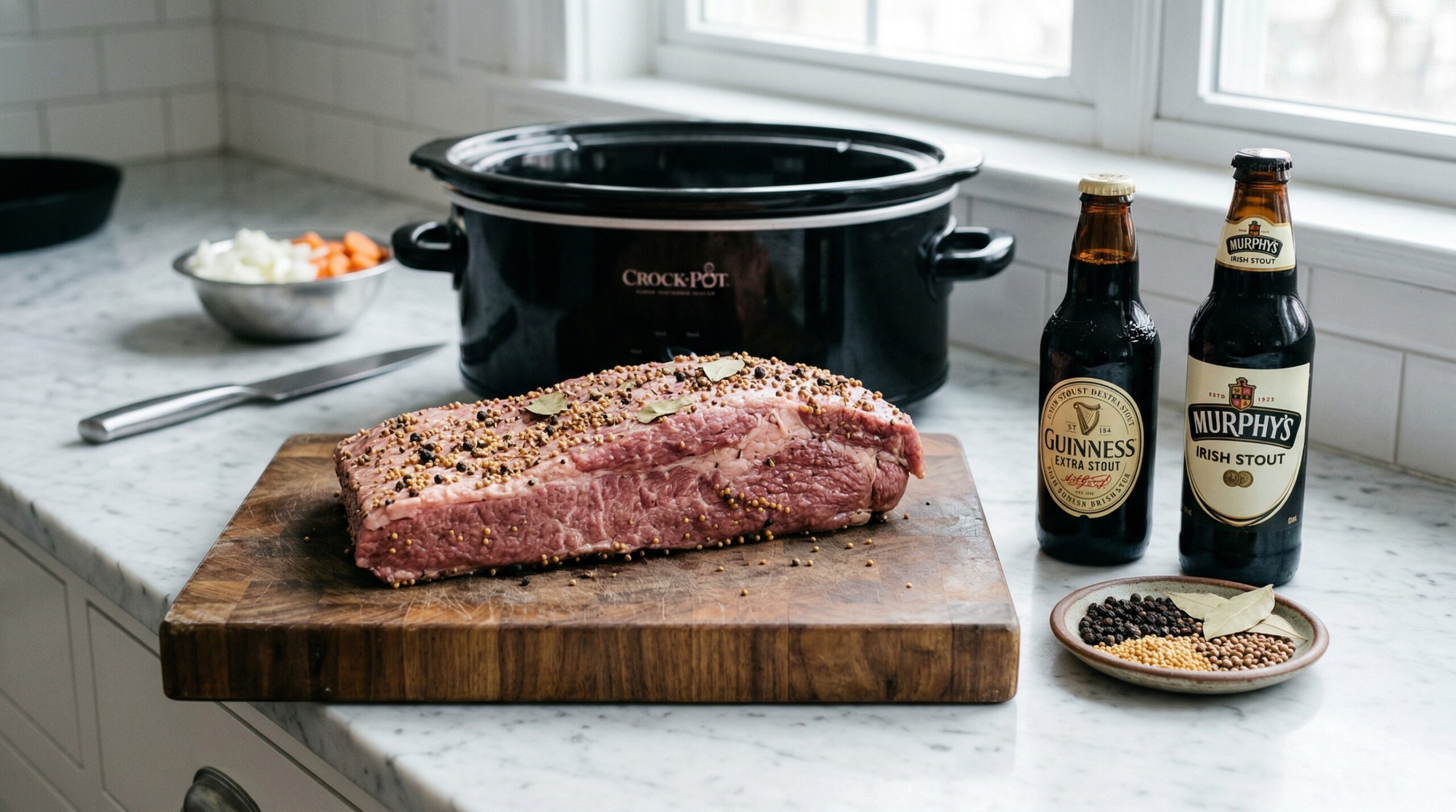 A large raw corned beef brisket resting on a heavy wooden prep board next to dark stout beer, black peppercorns, mustard seeds, and dried bay leaves