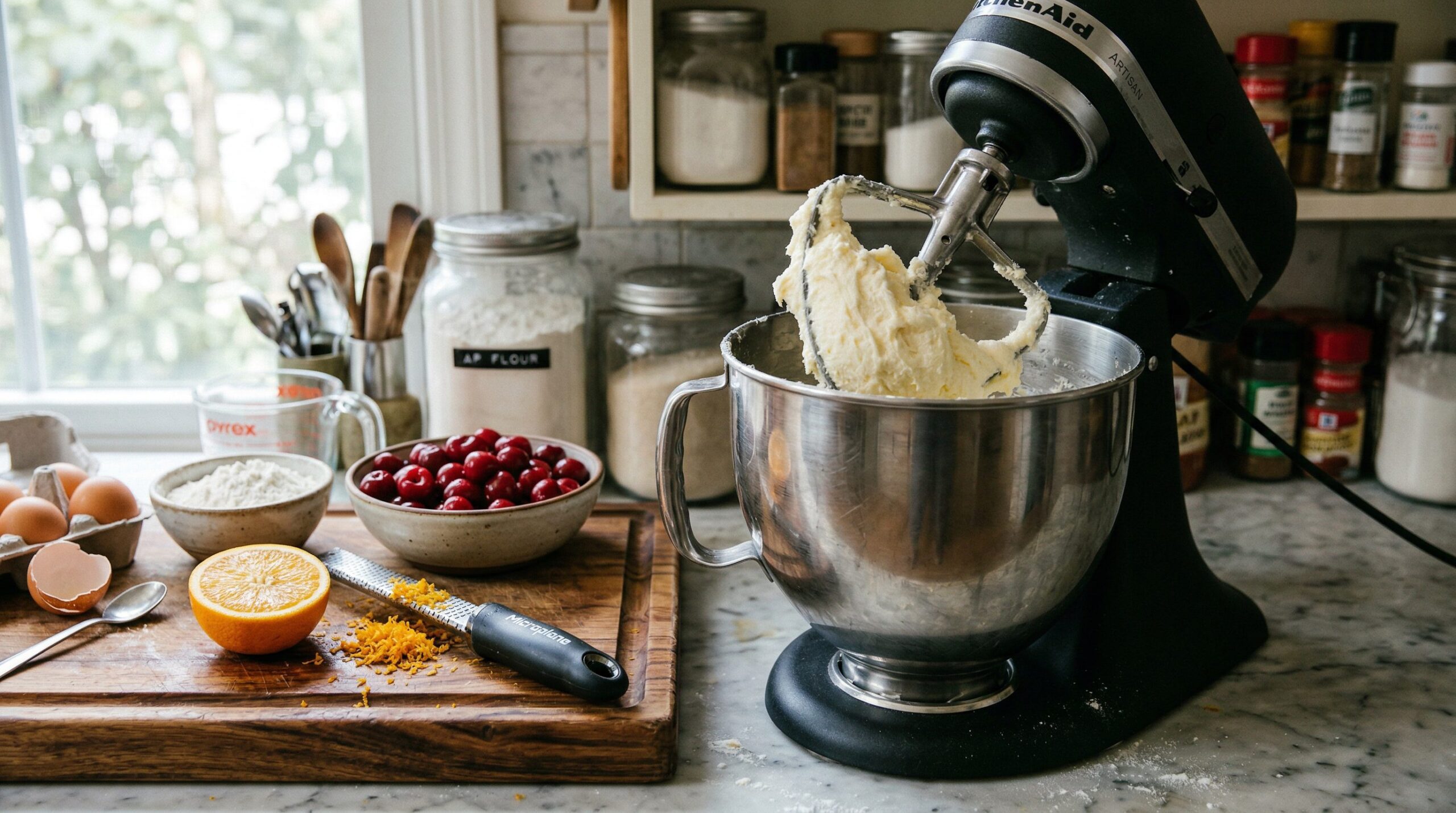 Ingredients for Cherry Walnut Crumble Cake arranged for preparation