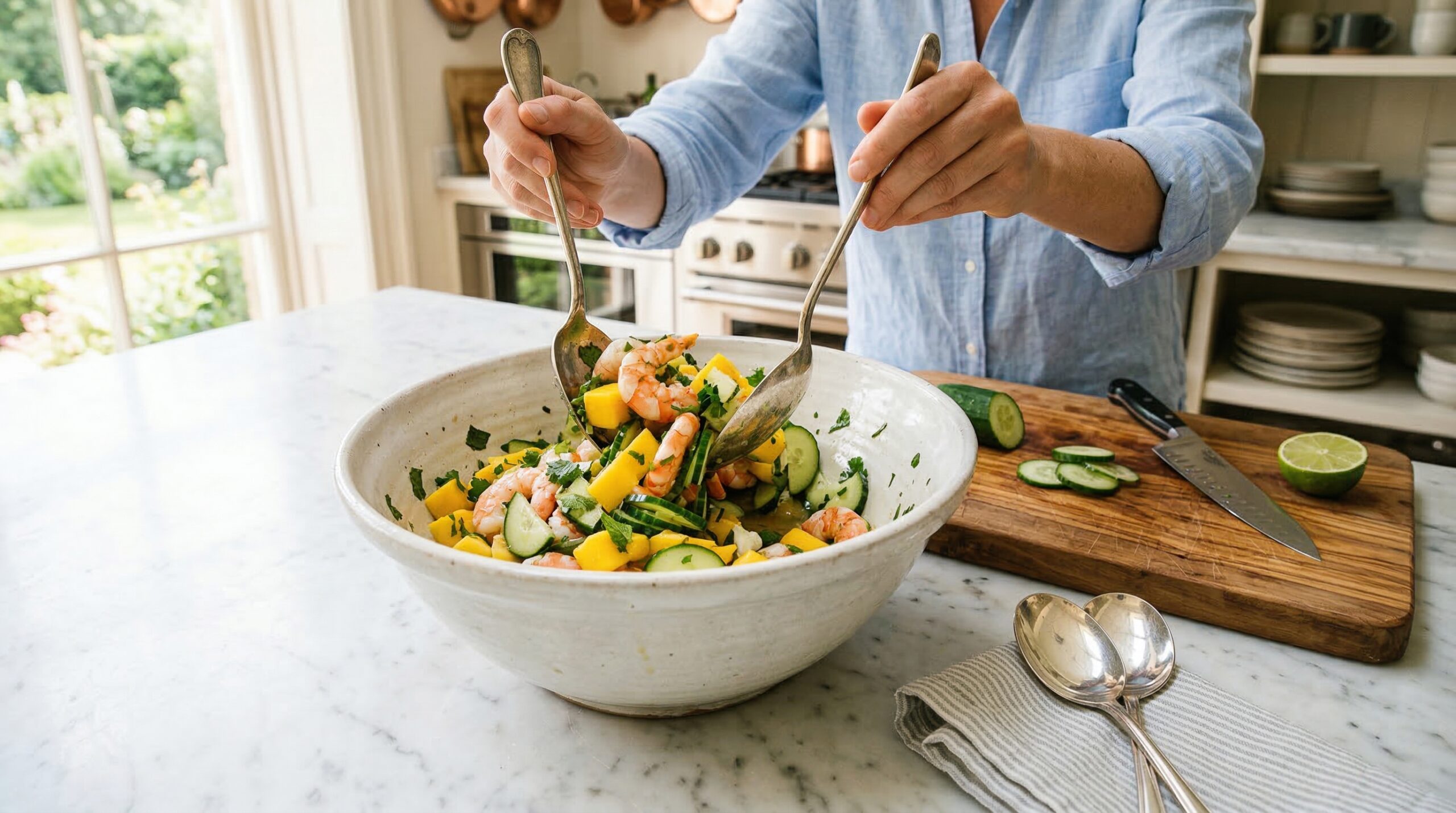 Preparation of a vibrant Creamy Mango Shrimp Salad for a garden picnic