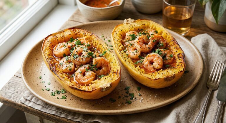 Stunning plated serving of Creole Shrimp Roasted Spaghetti Squash Boats, a chef-tested recipe by Chef Jorj Morgan.