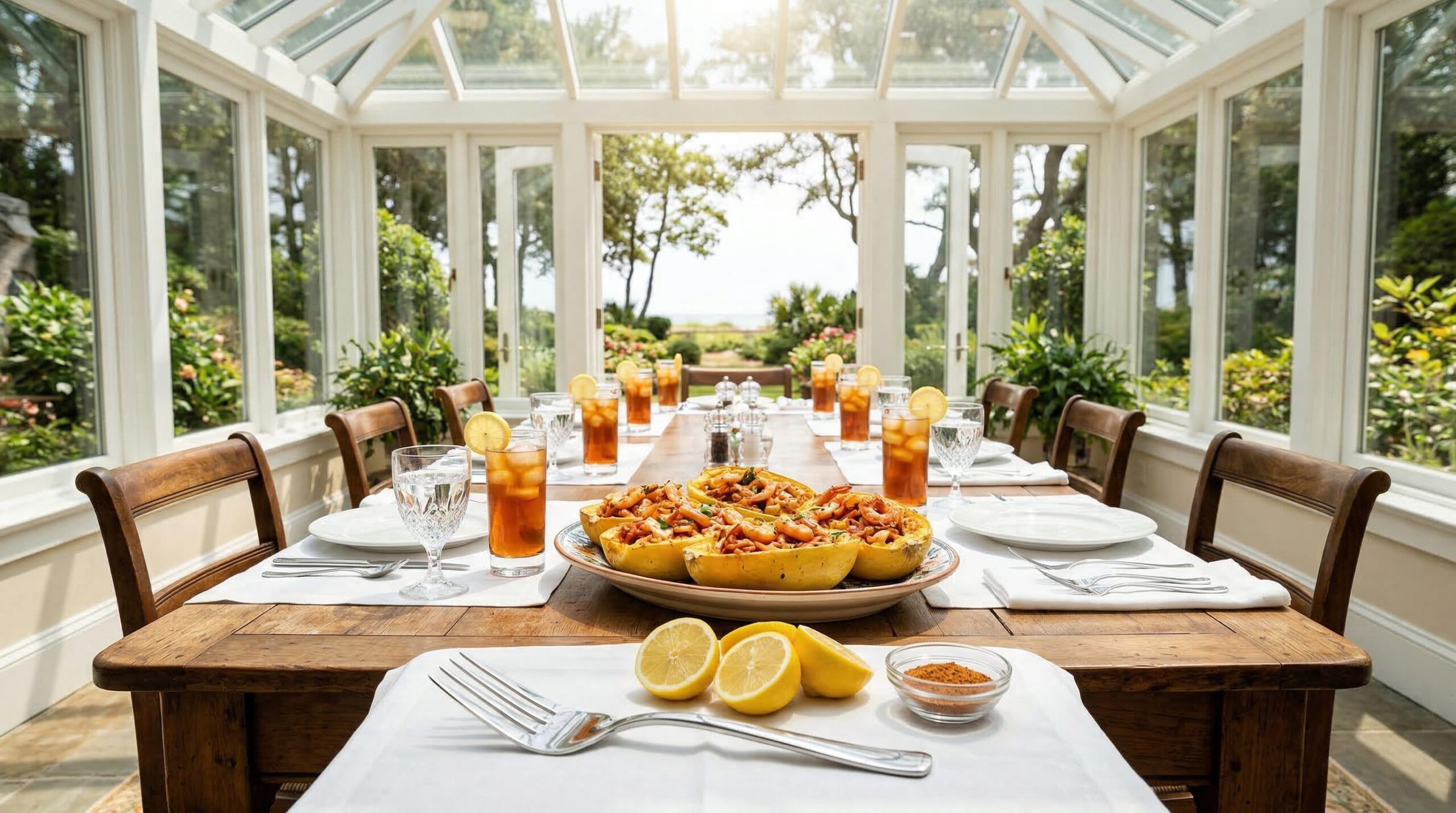 Creole Shrimp Roasted Spaghetti Squash Boats plated and served on an estate table