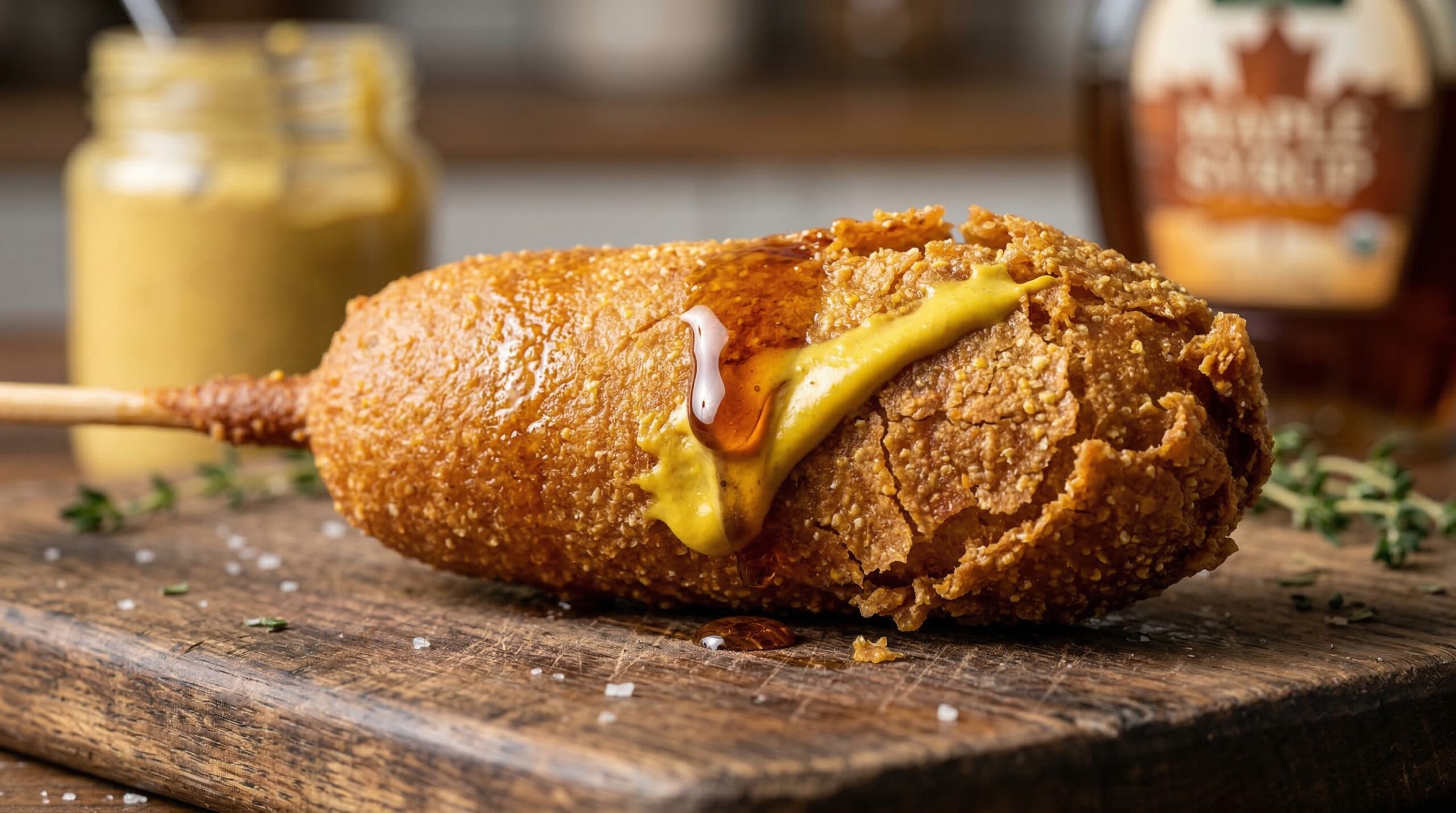 Macro detail of a golden corn dog with mustard and maple syrup