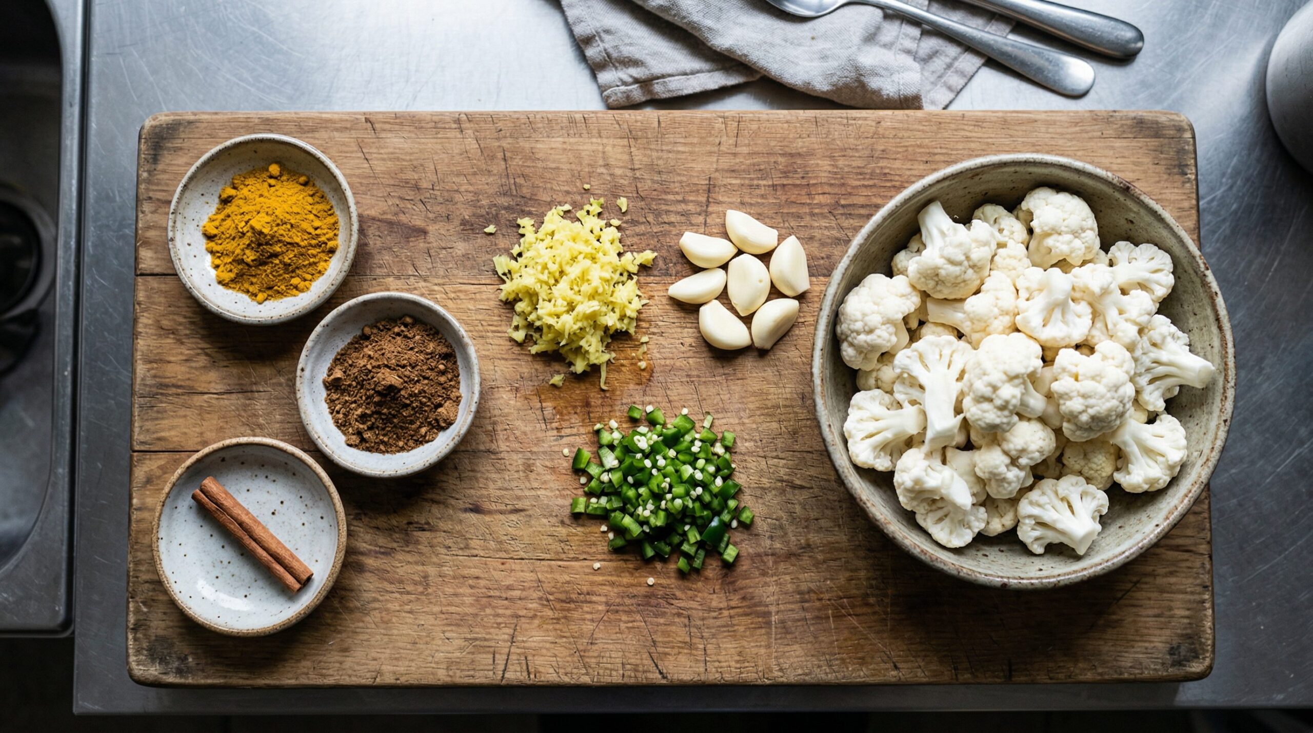 Ingredients for Chicken & Cauliflower Curry arranged for preparation